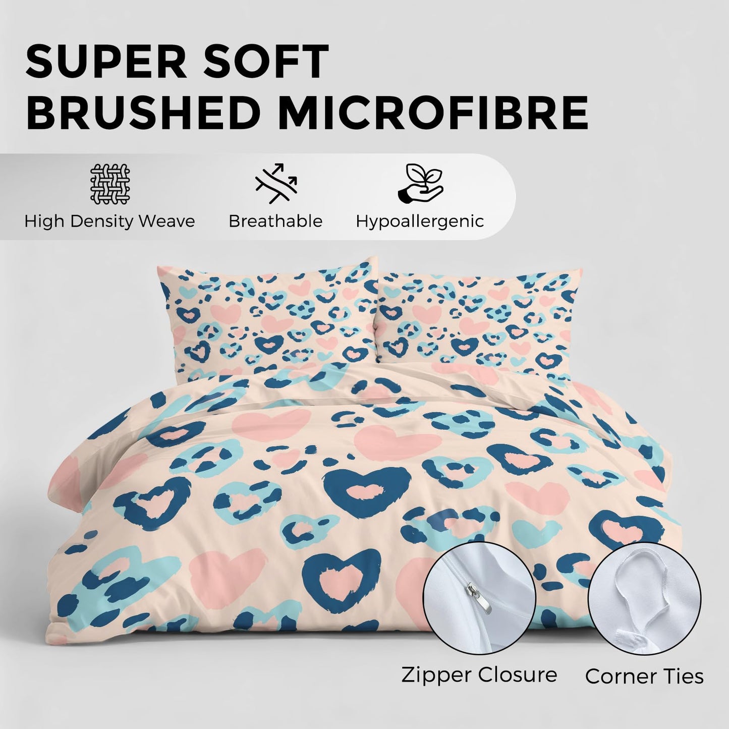 Blue Pink Cheetah Print Duvet Cover Queen, Heart Leopard Print Bedding Set 3 Piece & 2 Pillowcases, Animal Print Bedroom Decor, Reversible Soft Microfiber, Zipper Ties