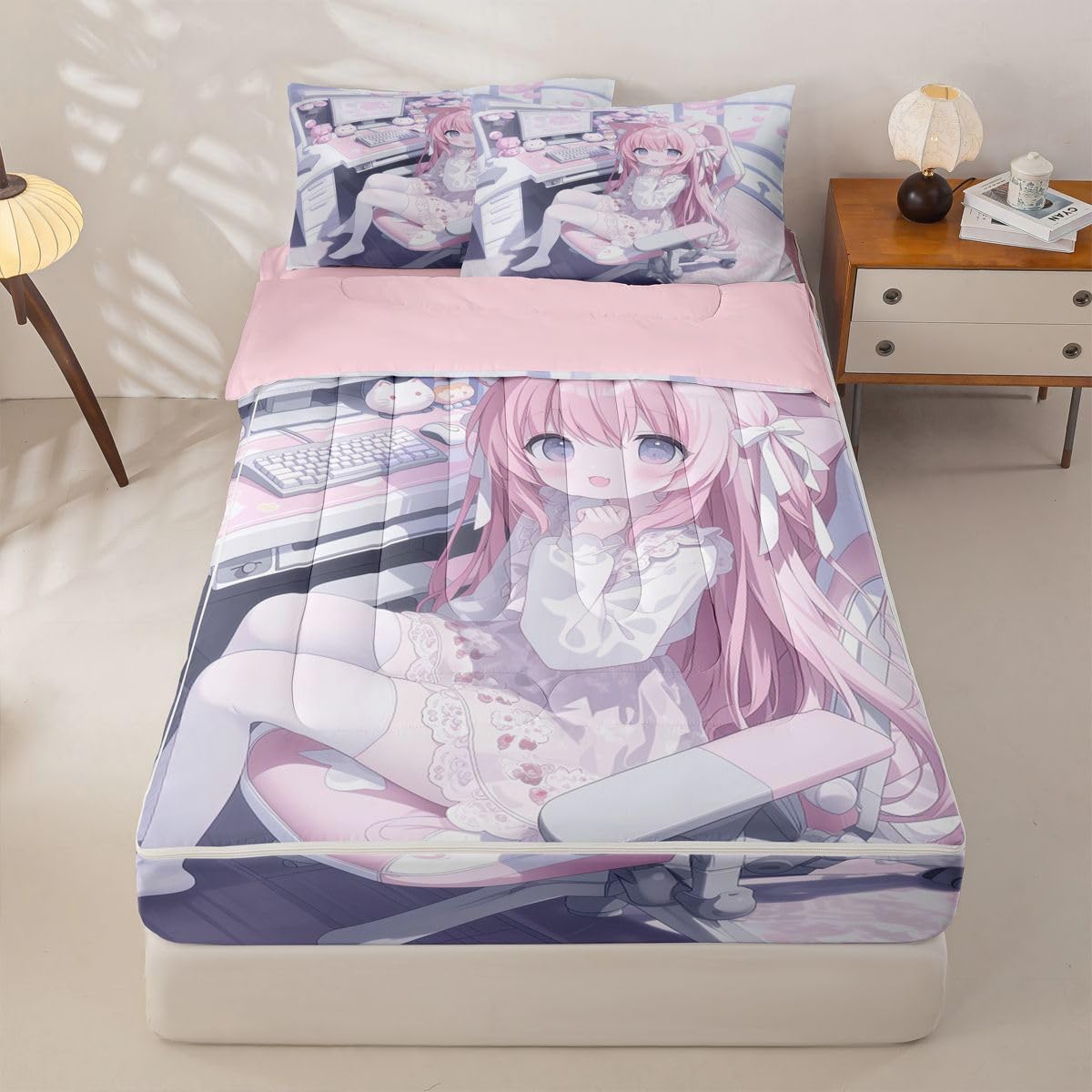 Erosebridal Kawaii E-Sports Girl Kids Comforter Set with Zipper, 3D Japanese Girl Twin Size Zipper Bedding Set, Girly Gaming Bed-in-A-Bag