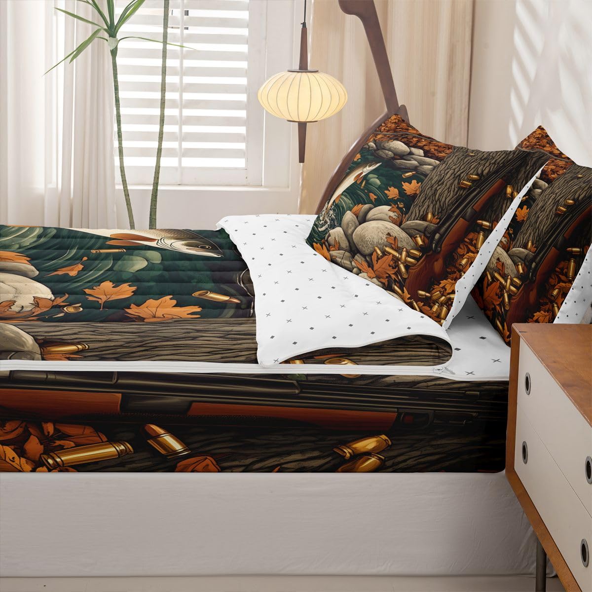 jejeloiu Fishing Zipper Bedding Twin Hunting Wildlife Bedding Sets for Kids Boys Girls Autumn Pond Comforter Set with Fitted Sheet 2 Pillowcases Rustic One Zipper Bed Set for All Seasons