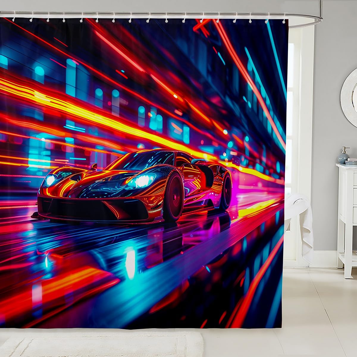 Feelyou Race Car Shower Curtain 72"x72" Speed Sports Car Bath Curtain for Boys Girls Teens Modern Racing Bath CurtainWaterproof Polyester Fabric Extreme Sports Kids Bathroom Accessories Automobile