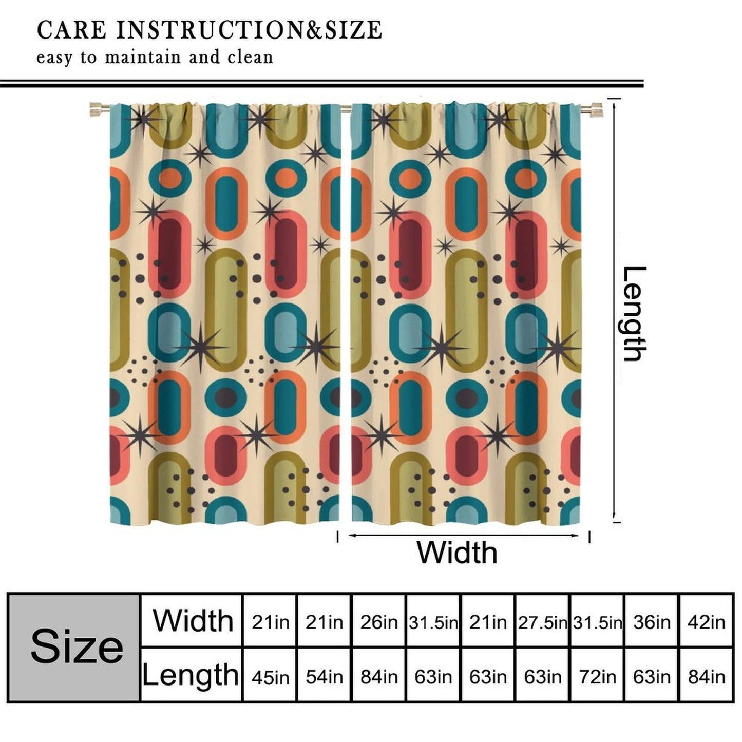 Focusbrite Mid Century Window Curtains,Retro Square Design Modern Style Blackout Window Curtains for Bedroom Living Room Home Set 2 Panels,42x45 Inches