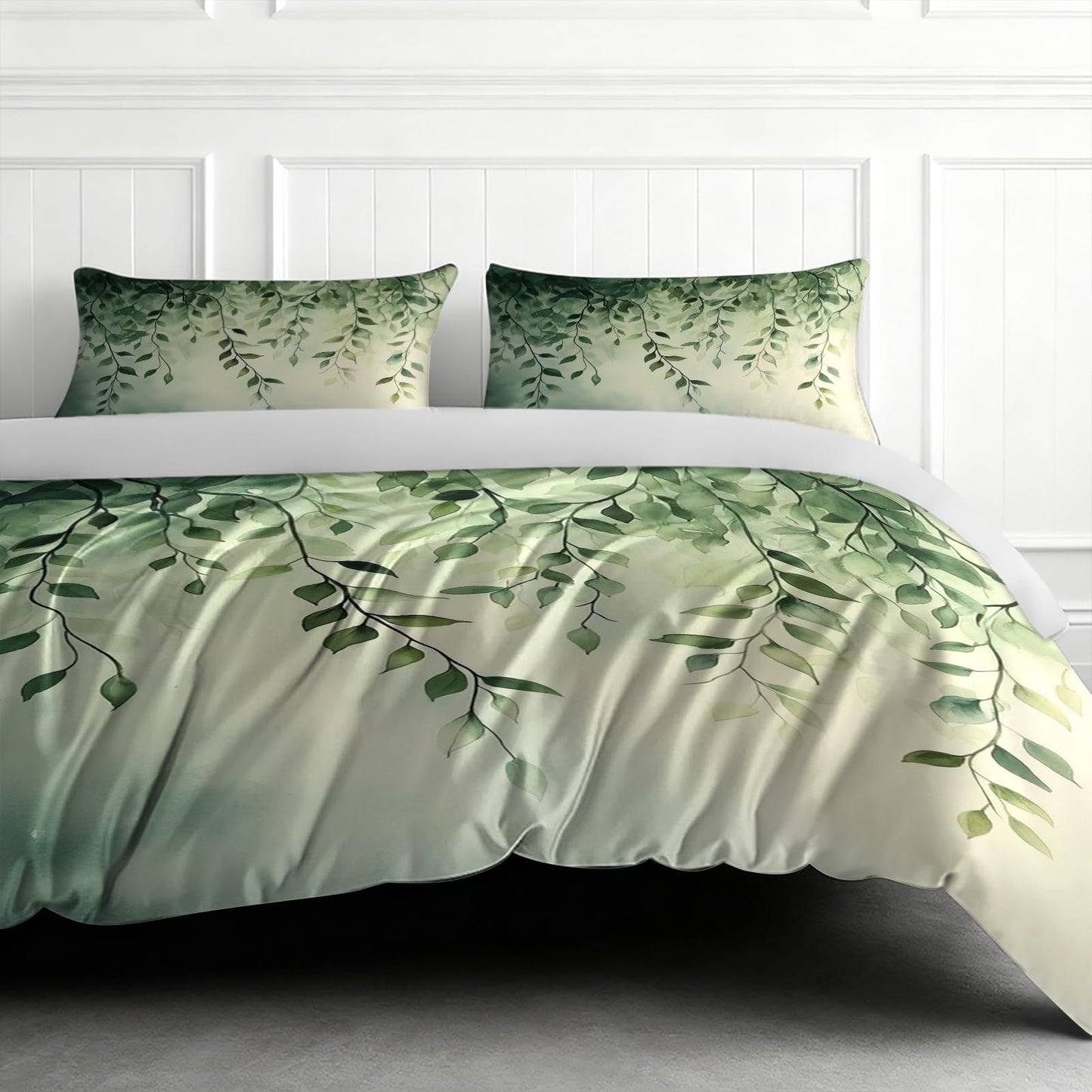 TEERRLLTW Floral Botanical Boho Flower Designed Duvet Cover Set, 3 Piece Soft Bedding Set (1 Duvet Cover and 2 Pillowcases), Floral Comforter Cover Set (Greenery Willow Leaves, Full (80" x 90"))