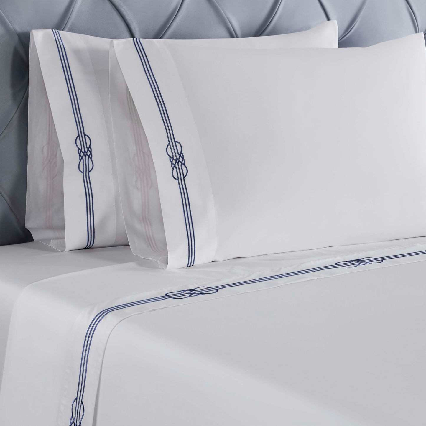 Superior Embroidered Cotton Bed Sheet Set, 1 Elastic Deep Pocket Fitted Sheet, 1 Flat Sheet, 2 Pillowcases, Daily Soft Sheets, Luxury, Elegant Design, Moonlawn Collection, Queen Size, White/Navy Blue