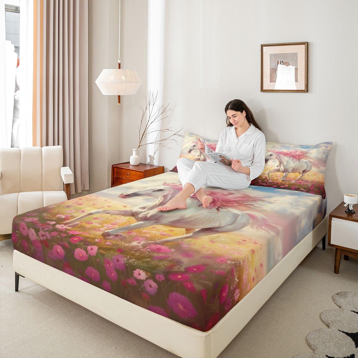jejeloiu Galloping Horse Bed Sheets Set Queen Size Colorful Flower Deep Pocket Fitted Sheet Rustic Farmhouse Bedding Sets Wild Animal Soft Bed Set 4Pcs with 2 Pillow Cases