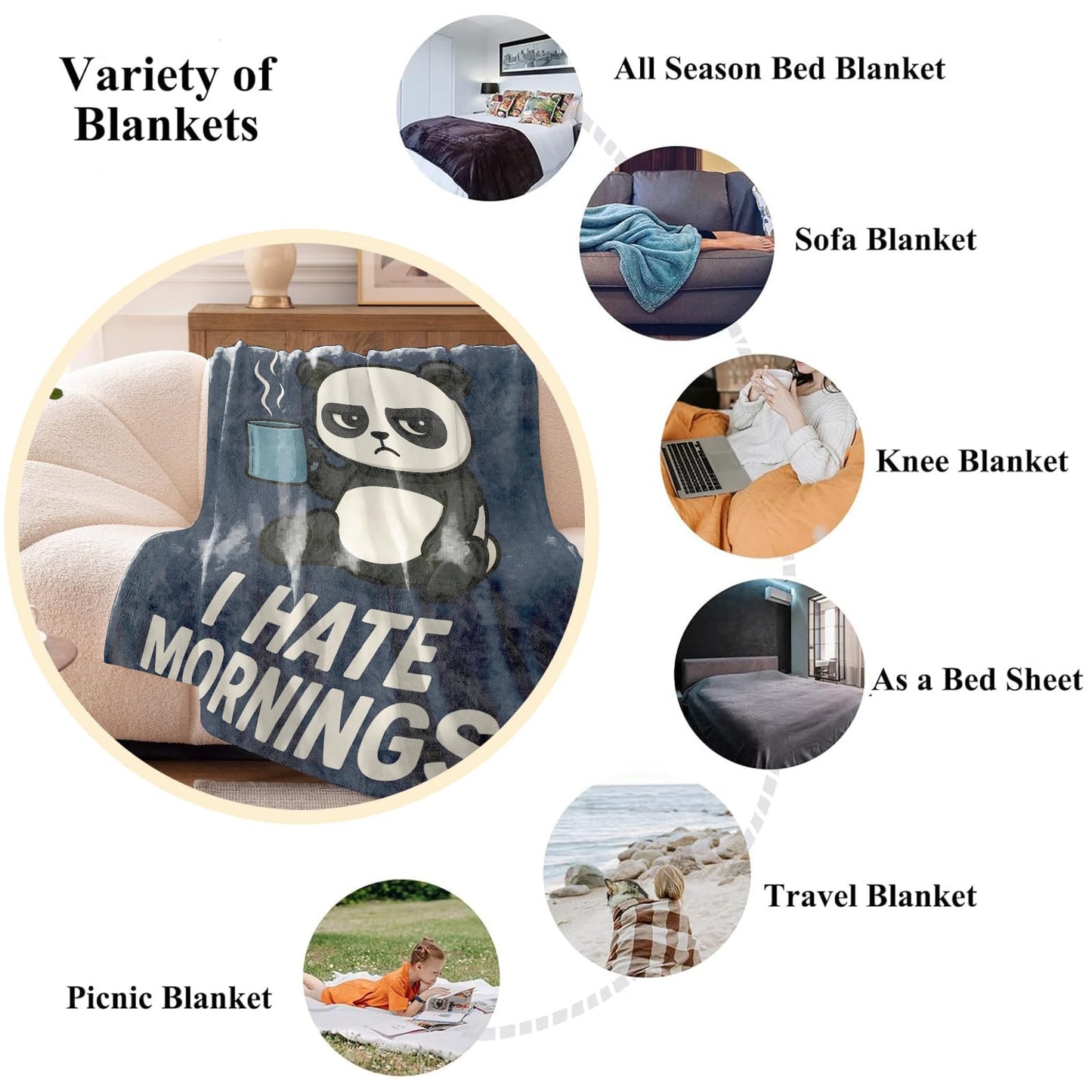 Wanoryer I Hate Mornings Panda Blanket, Comfy & Warm Flannel Grumpy Cartoon Pandas Throw Blanket for Couch, Gifts for Kids Adults Women, Soft Fuzzy Lightweight Travel Bed Blankets for Decor 50"×60"