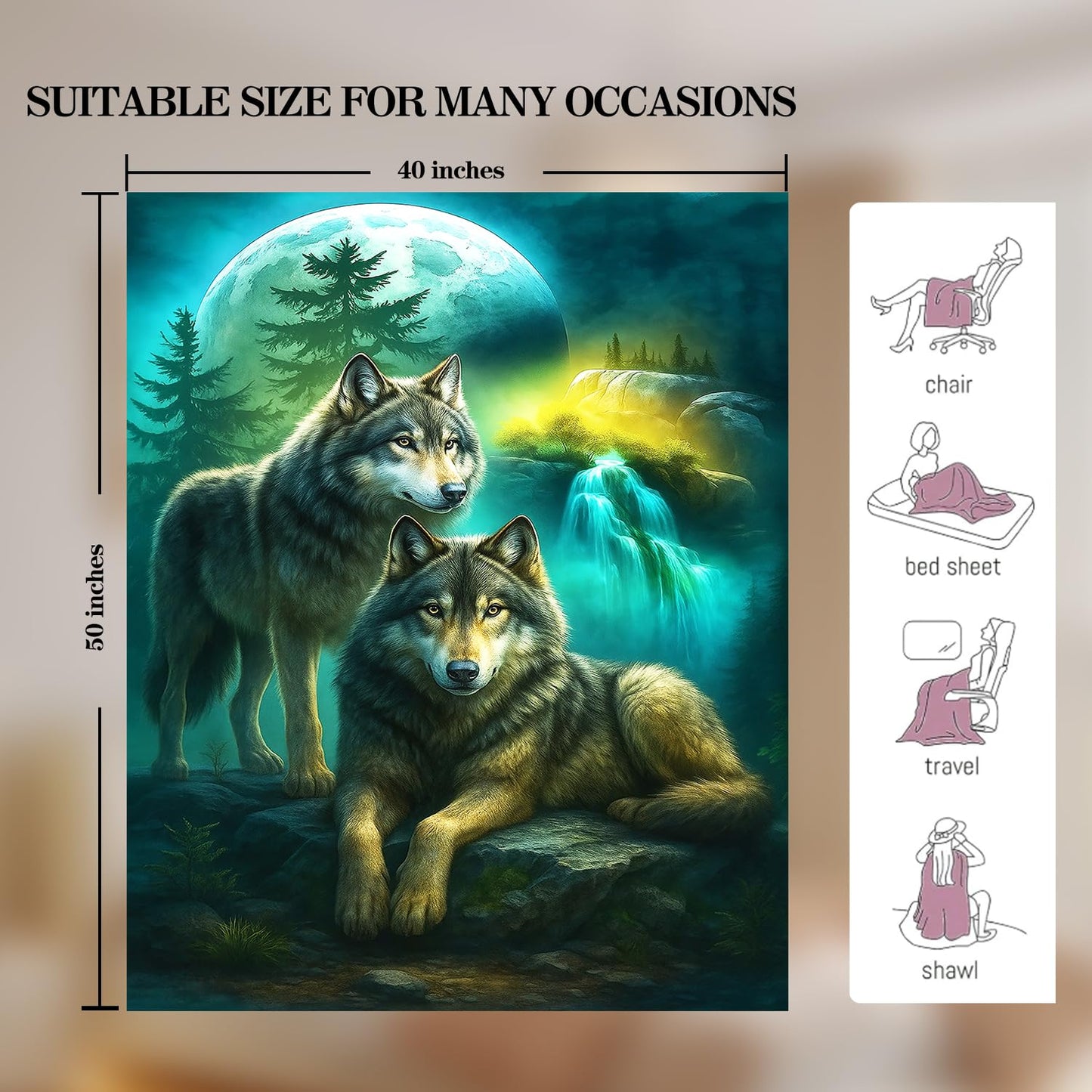 Wolf Blanket Blue-Green Wolf Fleece Throw Blanket Super Soft Fuzzy Plush Cozy Warm Wolves Decor Stuffed Bedding Blankets Gift for Boys Girls Men Women Kids & Adult 50"X40"