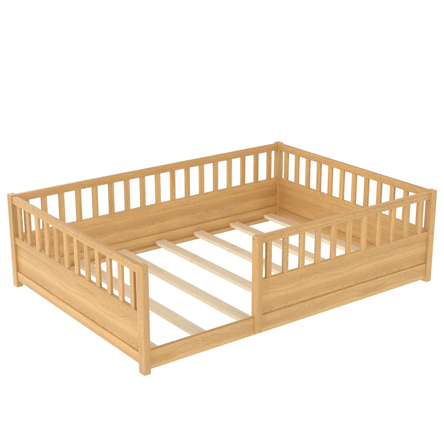 KEIKI Full Size Floor Bed, Montessori Floor Bedframe with Fence, Wood Bed with Support Slat for Living Room, Natural