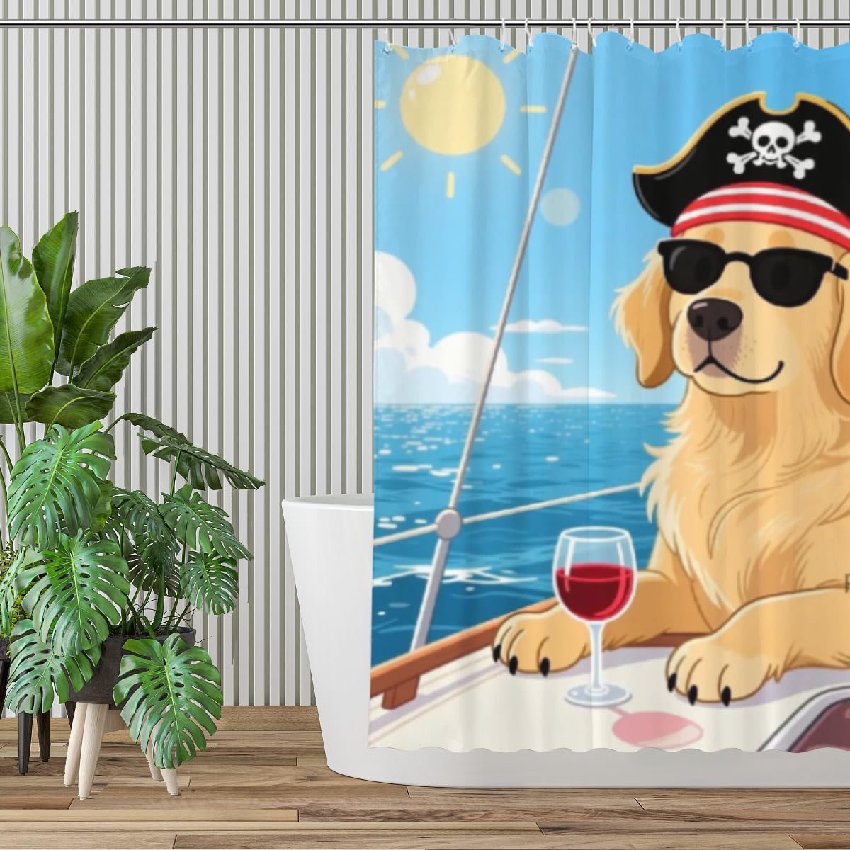 REZHOCH Funny Shower Curtain Cool Golden Retriever Wear Pirate Headscarf in Sunglasses Relaxing on Yacht Beach Bathroom Decor,Vacation Pet Art,Waterproof Fabric Curtain,72x72,12 Hooks
