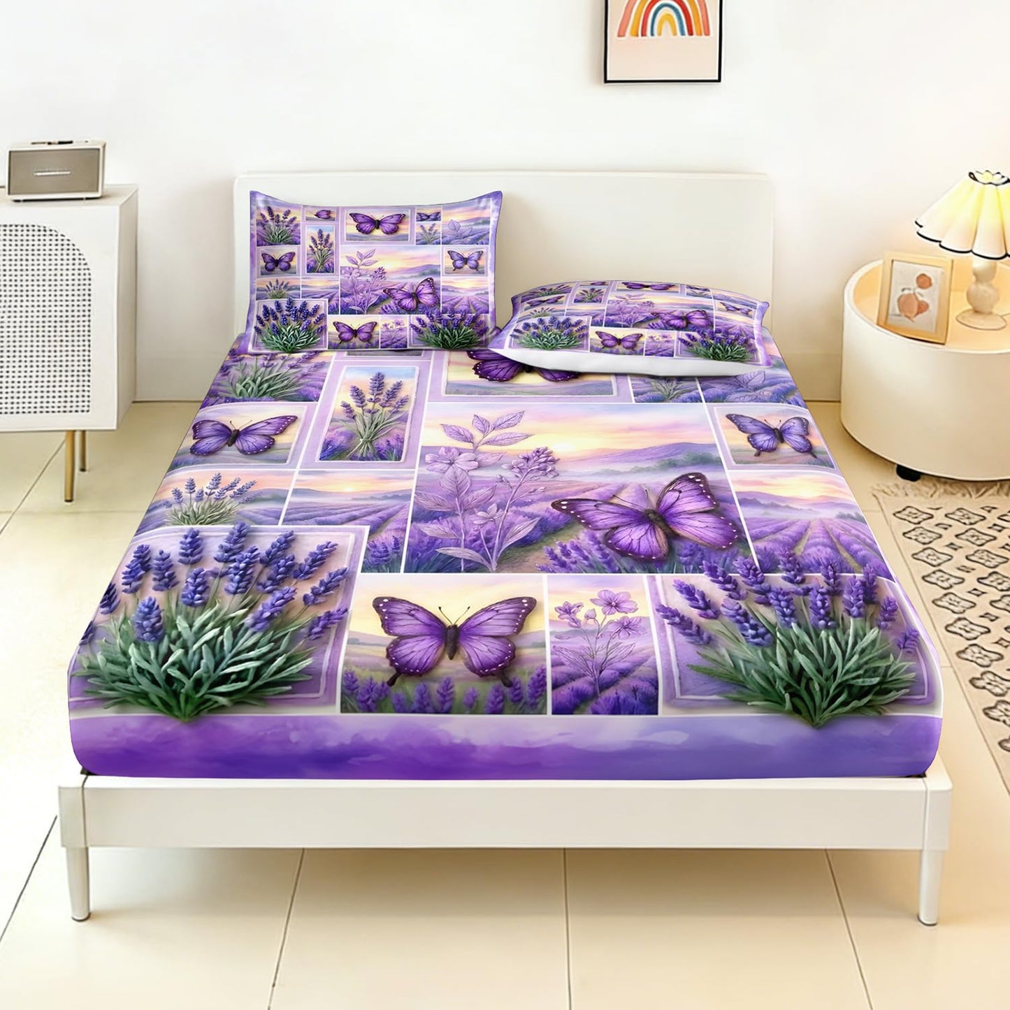 HOSIMA Butterfly Bedding Set Queen Size,Lavender Pattern Plaid Patchwork Fitted Sheet for Girls Women Bedroom Decor,Lightweight Floral Bedding,1 Fitted Sheet+2 Pillowcases.