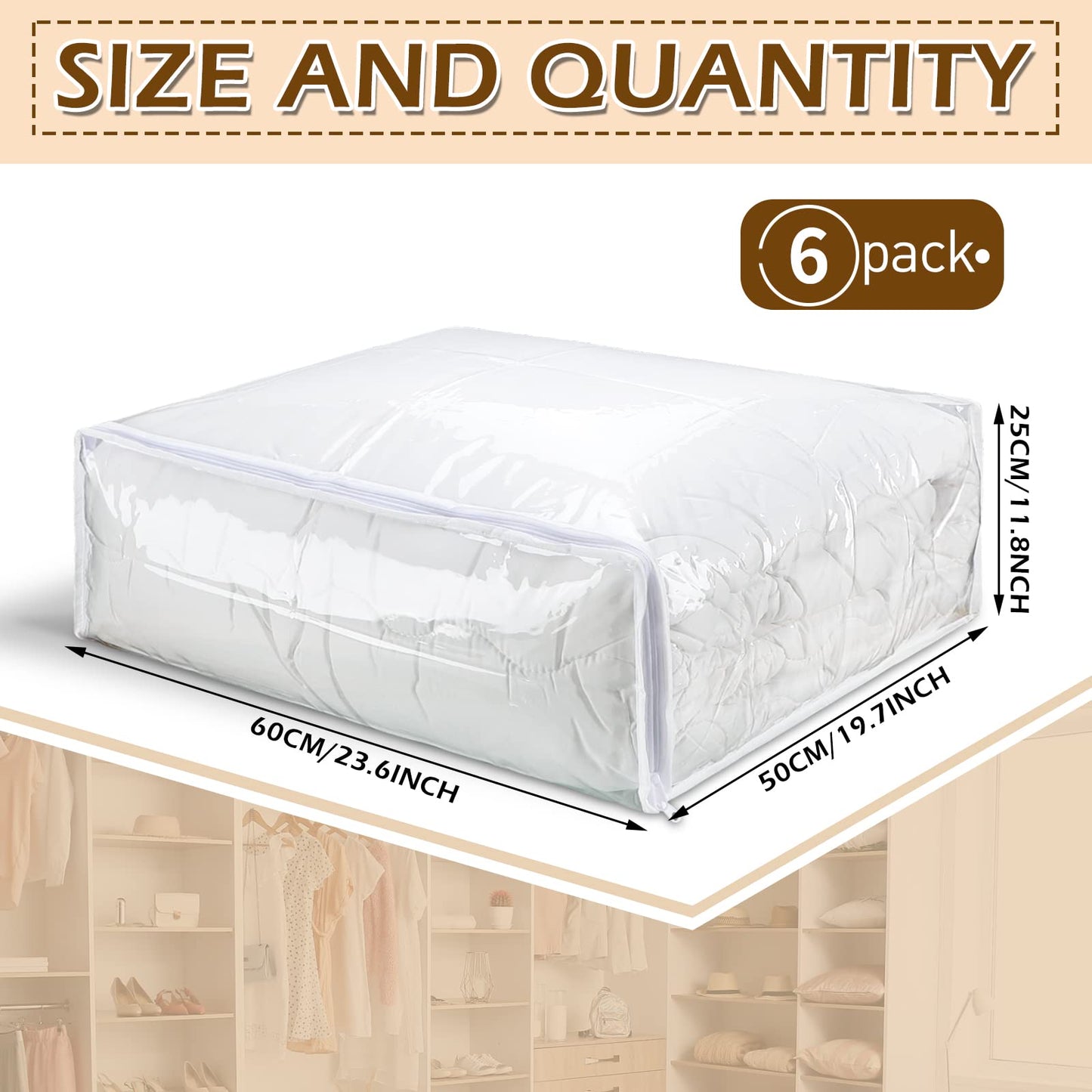 6 Packs Clear Zippered Storage Bags Sweater Moth Bags Vinyl Plastic Storage for Blankets Clothes Bed Sheet Organizer with Zipper for Closet Linen Sweater Clothes Comforters Pillow(24 x 20 x 10 Inch)