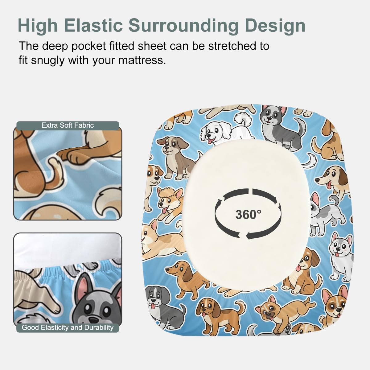 ARIGHTEX Dog Fitted Sheet Set Twin Size, 3 Pieces Cute Cartoon Puppy Bedding for Kids & Teens, Soft Microfiber Deep Pocket Sheet Set, Playful Blue Animal Bed Sheets