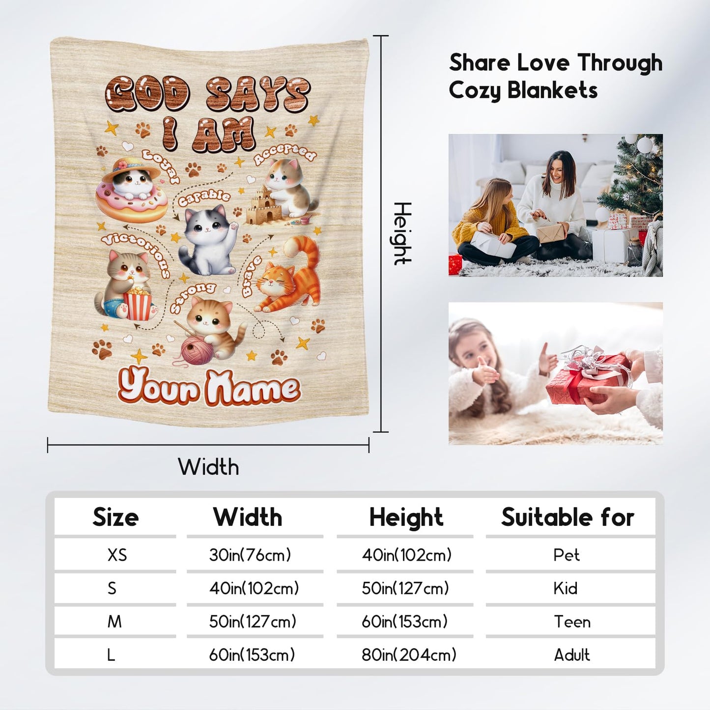 Personalized Cat Blankets with Name, Cat Themed Gifts for Girls Cat Lovers, Animal Print Blanket with Cats on It, God Says I Am Blanket for Kids Daughter Son, Fleece Throw Blankets for Bed, 60"x80"