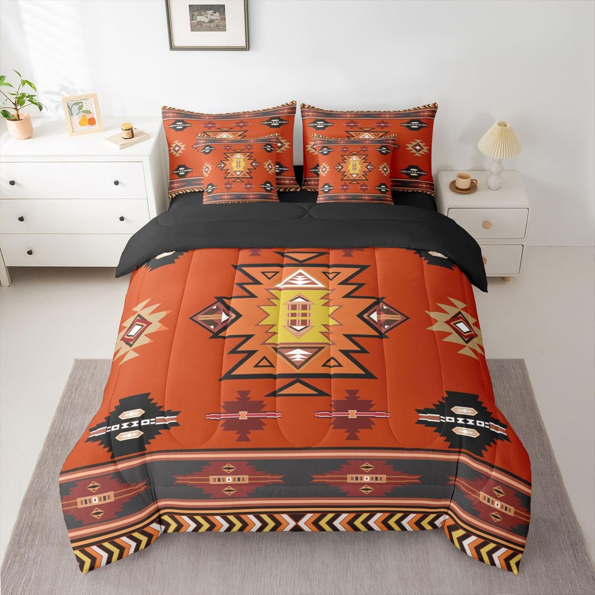Erosebridal Western Twin Comforter Set with Sheets | Boho Decor Geometric 7 Piece Bedding Set Bohemian Aztec Bed in a Bag, Ethnic Tribal Arrow Room Decor,Red