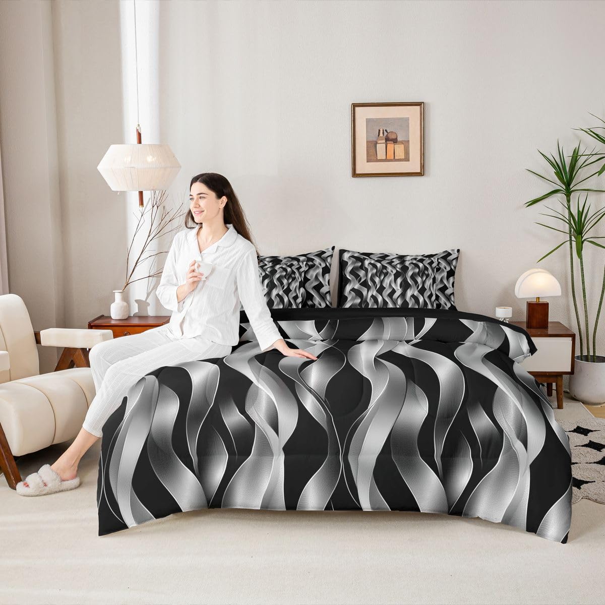 jejeloiu Modern Abstract Geometric Comforter Set with Sheets 7 Piece Full Size Geometric Spiral Pattern Bed in a Bag Kids Boys Girls Black Bedding Set Bedroom Decor Breathable Microfiber