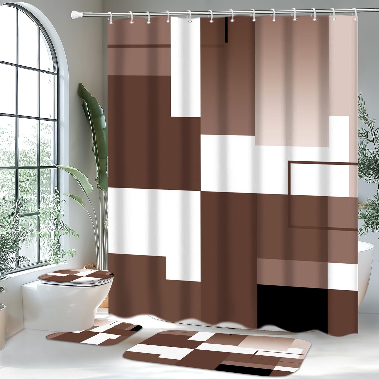 KINUUIS 4 Pcs Brown Geometric Bathroom Shower Curtain Sets with with Toilet Lid Cover and Non-Slip Rugs,Brown Bathroom Decor Sets with Shower Curtain and Rugs for Bathroom