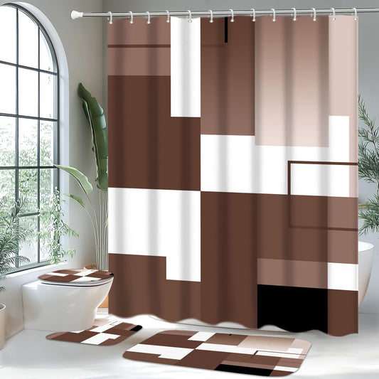 KINUUIS 4 Pcs Brown Geometric Bathroom Shower Curtain Sets with with Toilet Lid Cover and Non-Slip Rugs,Brown Bathroom Decor Sets with Shower Curtain and Rugs for Bathroom