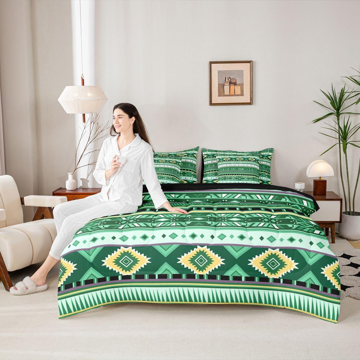 Erosebridal Cowboy White Dark Green Aztec Full Comforter Set 7 Pieces | Southwestern Farmhouse Bed in A Bag for Bedroom Bohemian Tribal Cowgirl Bedding Set with Comforters Adults Geometric Room Decor