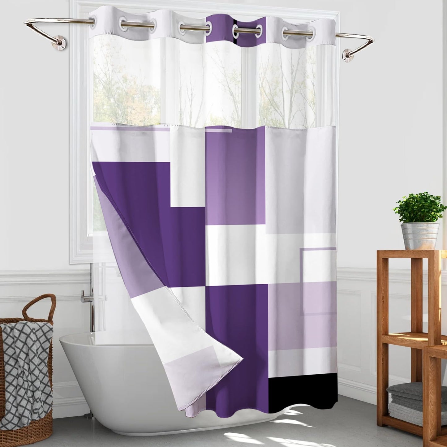 Purple Hookless Shower Curtain Set with Snap in Liner, Purple White Bathroom Decor, 71x74 Inches, Geometric Bathroom Curtain with Liner and See Through Top Window