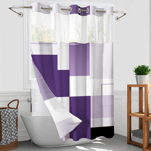 Purple Hookless Shower Curtain Set with Snap in Liner, Purple White Bathroom Decor, 71x74 Inches, Geometric Bathroom Curtain with Liner and See Through Top Window
