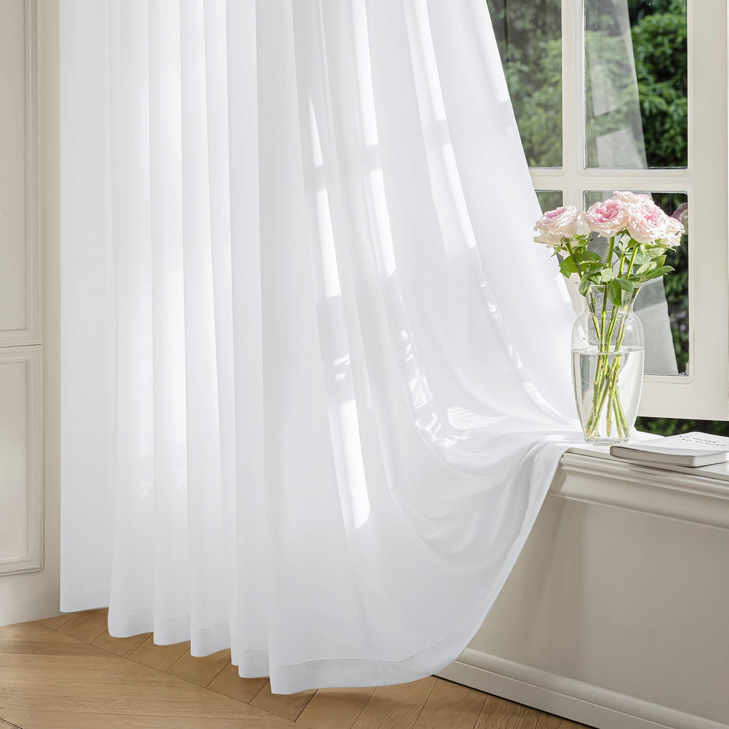 FMFUNCTEX Sheer Non-See-Through White Curtains for Bedroom, Faux Silk that Let Light Curtains 84 inches Long Light Filtering Privacy Sheer Window Drapes for Living Room, Rod Pocket 2 Panels Set