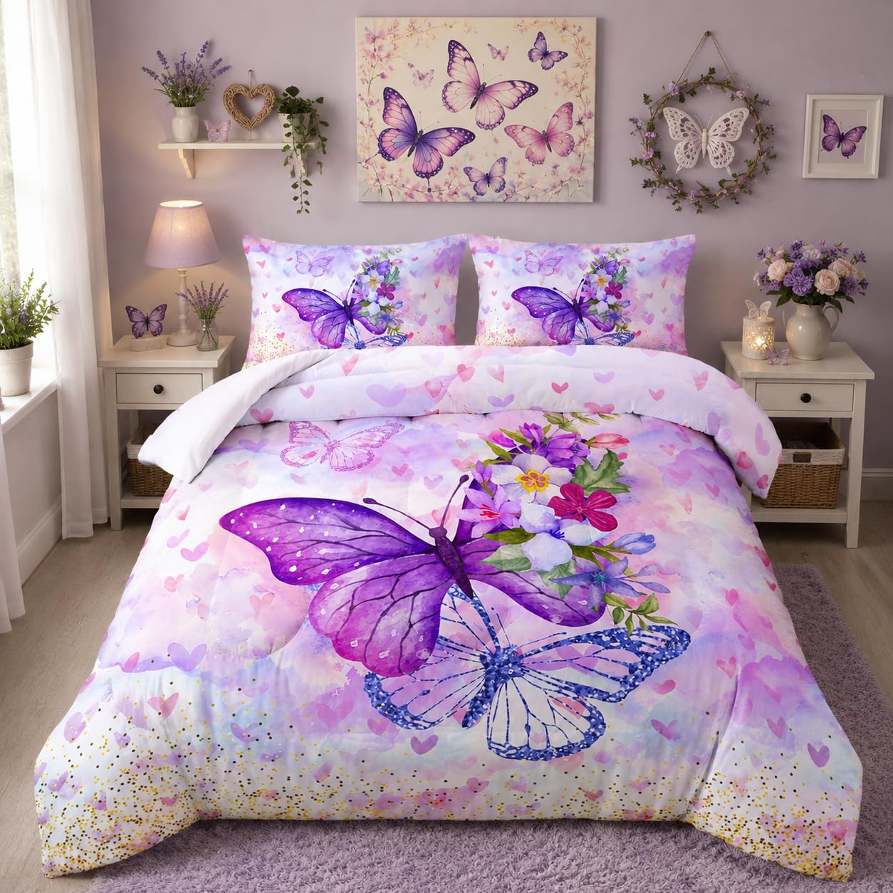 Nttopship Violet Butterfly Comforter Set 3 Pieces Bedding Set for Kids Teen Boys King Size ，Cute Flower Butterfly Bedding Set for Bedroom Soft Microfiber All Season 3pcs(1 Comforter & 2 Pillowcases)