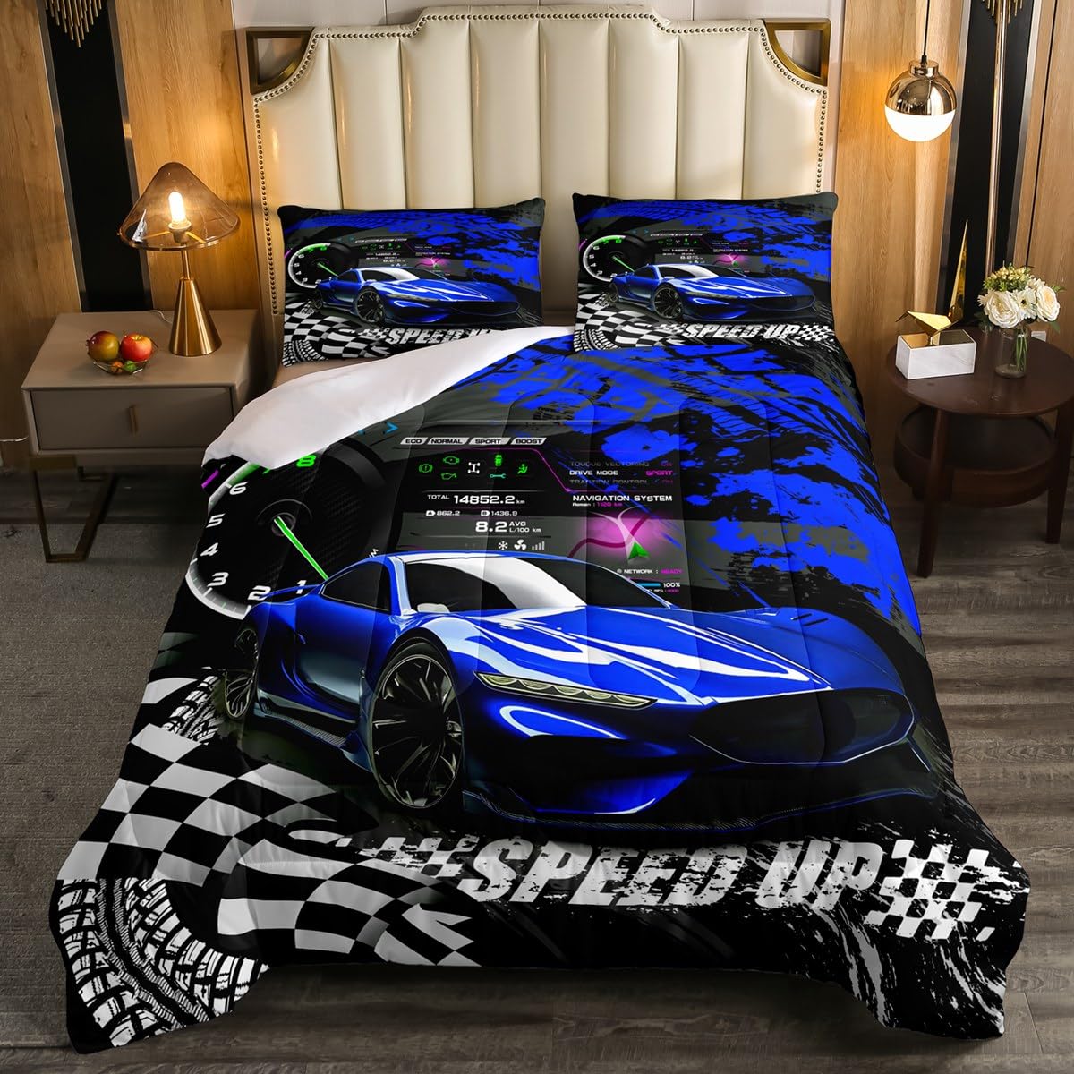 Feelyou Blue Race Car Comforter Twin, Sports Car Comforter Set for Kids Boys Girls Race car Bedding Set Racing Car Duvet Set with 1 Pillow Case
