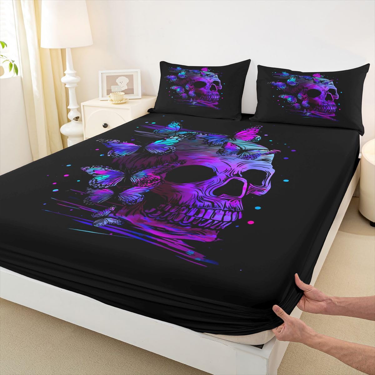 Erosebridal Purple Skull Bed Sheet Set King,Retro Psychedelic Butterfly Bed Sheets Gothic Sugar Skull Bedding Set for Girls Teens Women Room Halloween Fitted Sheet + Flat Sheet + 2 Pillow Cases Black