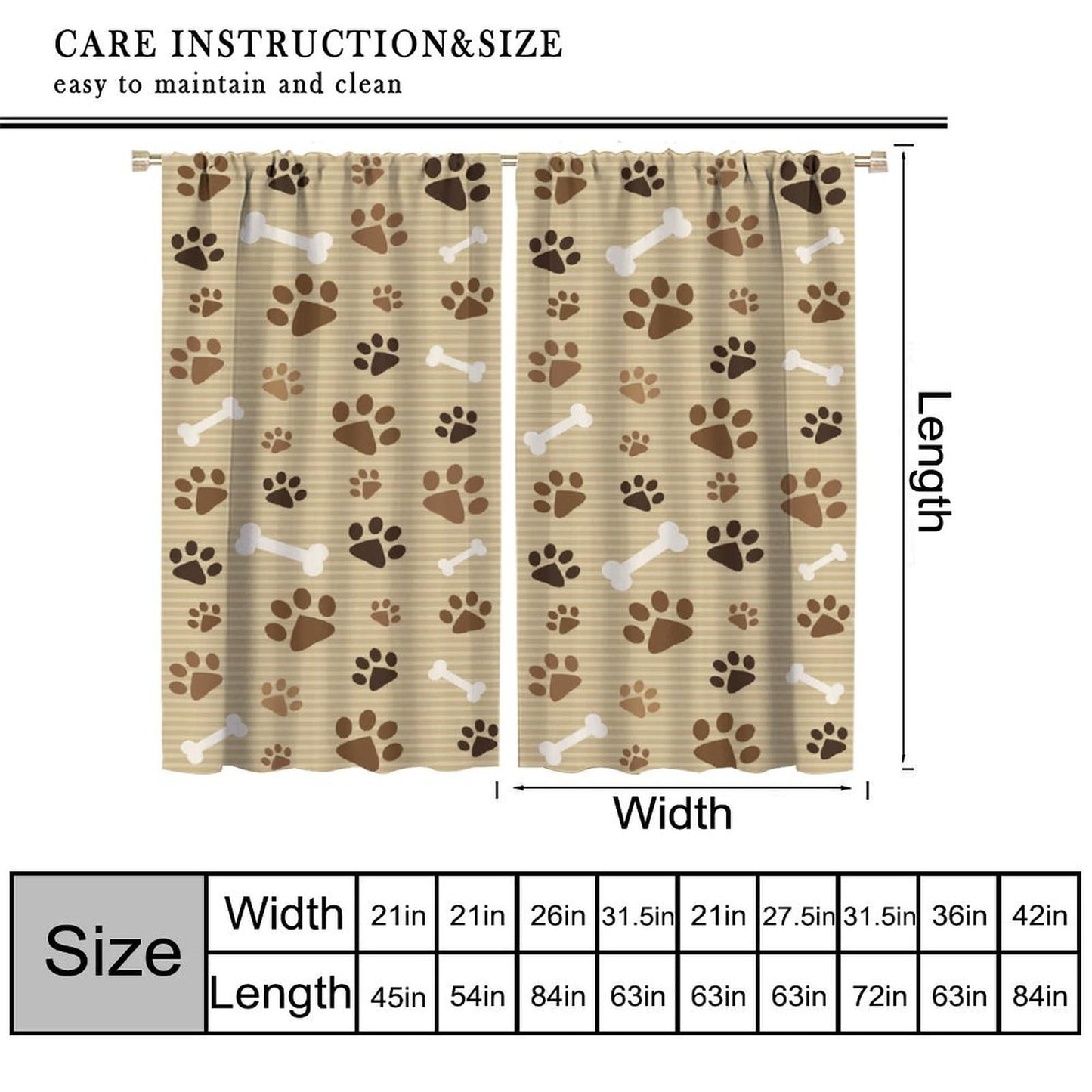Dog Paw Print Curtains,Cute Animal Paw Print Window Treatments for Kids Boys Girls Bedroom Living Room Décor Drapes 2 Panel Sets Total Size 42" x 45" Brown