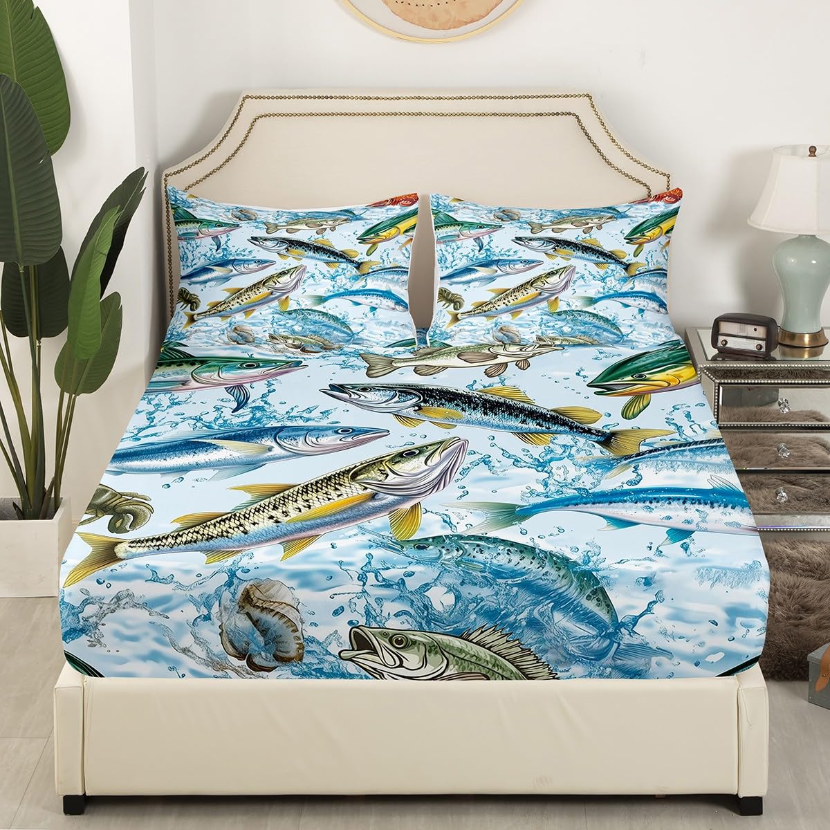 Bass Fish Bedding Sets Twin Size,Fishing Hunting Fitted Sheet 2Pcs for Kids Teens Men Adult Room Decor,3D Fish Animals Bed Sheet Modern Blue Green Deep Pocket Sheet,1 Pillowcase