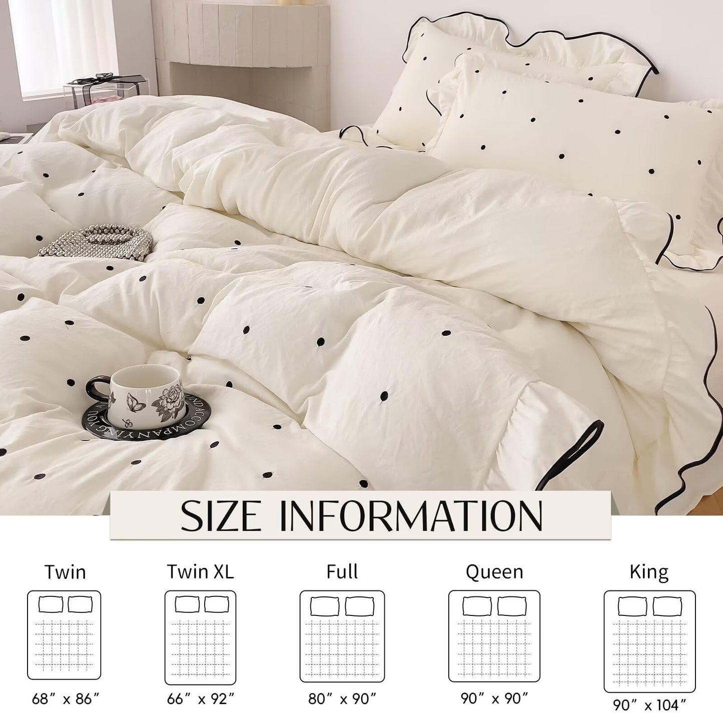 AMZTOP Duvet Cover Queen Size Polka Dot Beige 3 Pcs(1 Duvet Cover with 2 Pillowcases),Soft Washed All Seasons Comforter Covers with Ruffles,Cute Queen Bedding Set for Teen Girls 90"×90"