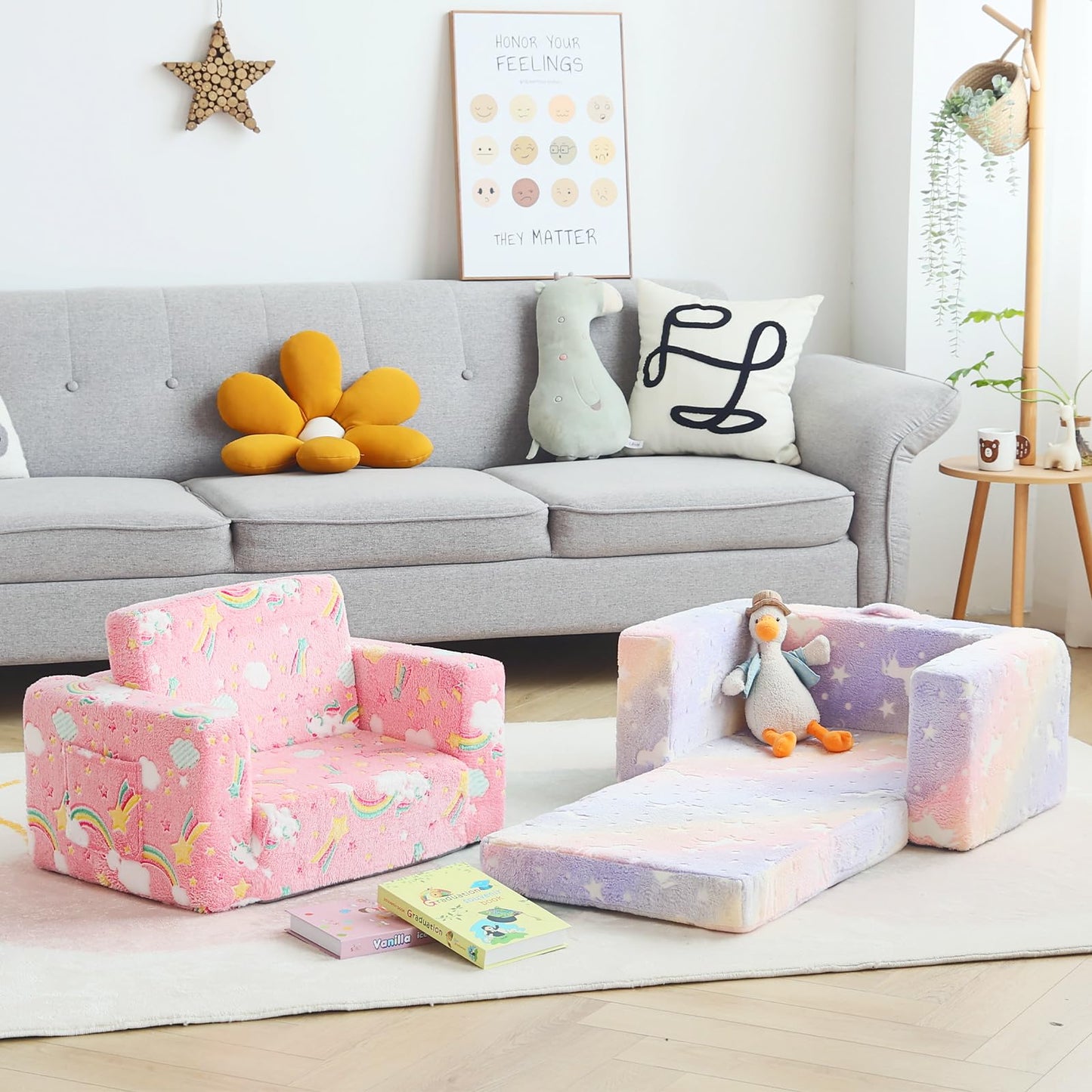 Givjoy Kids Sofa Toddler Chair, Children Couch with Side Pockets 2 in 1 Glow in Dark Armchair with Removable and Washable Cover Carrying Handle Kids Reading Sofa for Playroom, Pink Rainbow