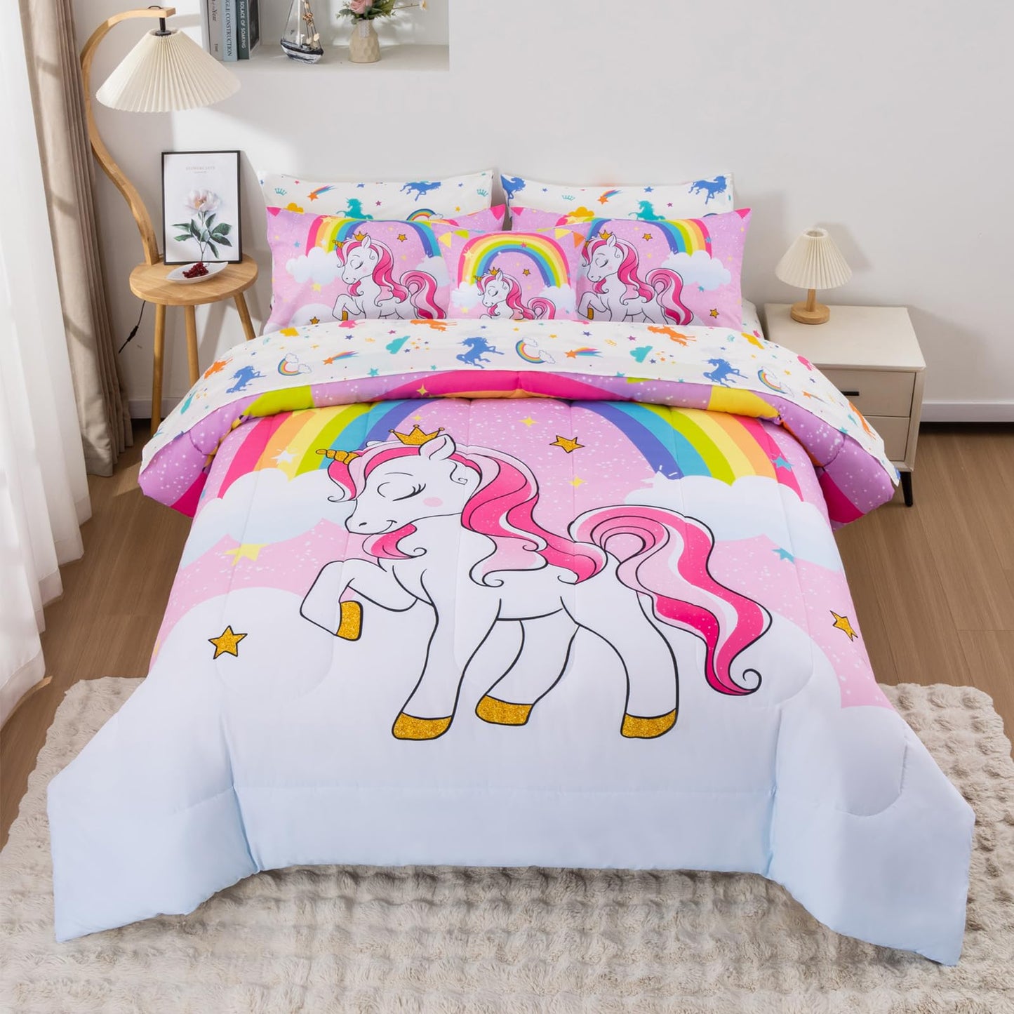 Keyroal Unicorn Twin Bedding Sets for Girls Kids Teens, 6 Piece Bed in a Bag Purple Rainbow Theme Unicorn Comforter Set Bedroom Decor with Printed Sheet Set