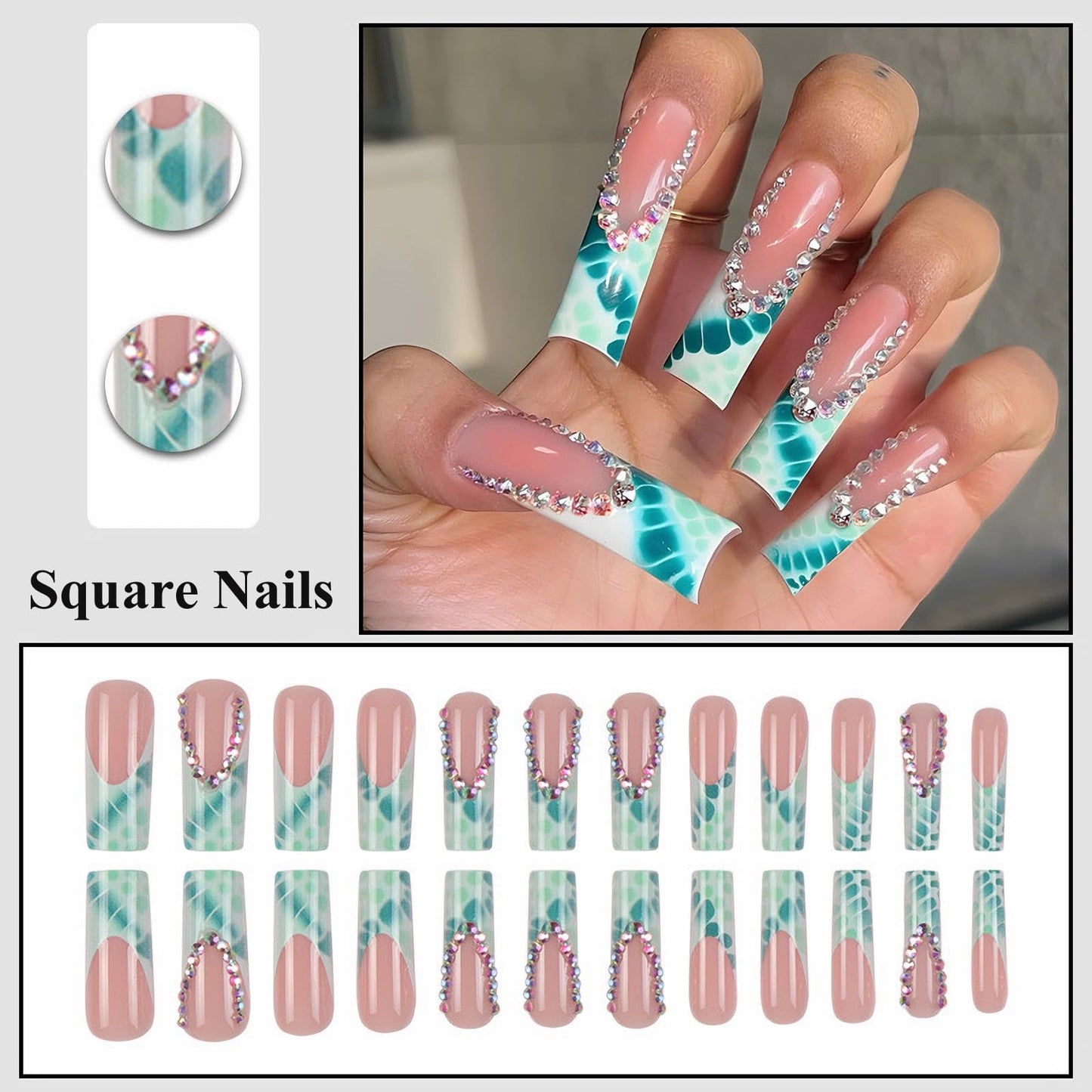 MISUD Press on Nails - Long Square Glue on Nails with Green Crocodile, Acrylic Rhinestone Design 24 pcs