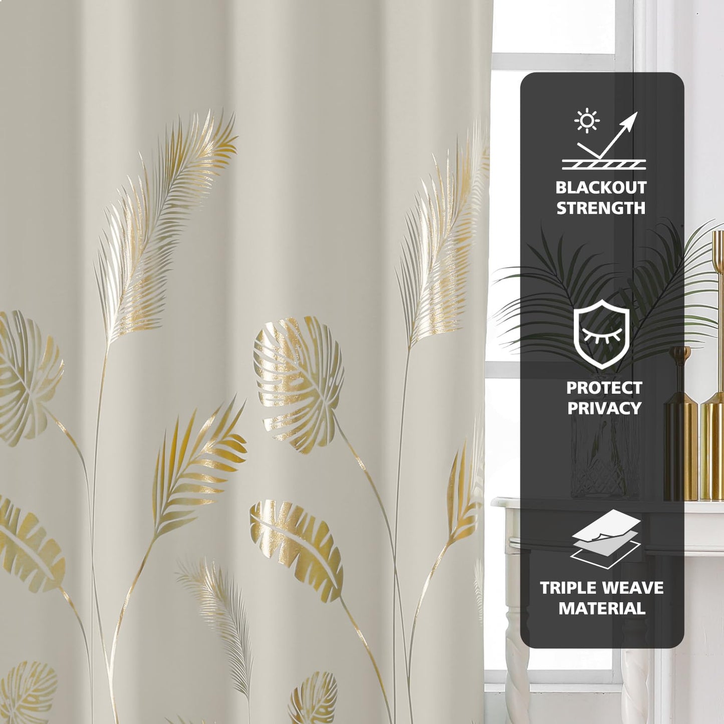 BUHUA Blackout Curtains 72 Inches Length Gold Palm Pattern Designed Window Drapes Room Darkening Noise Reducing Thermal Insulated Curtains, 52W x 72L, Natural, Set of 2 Panels