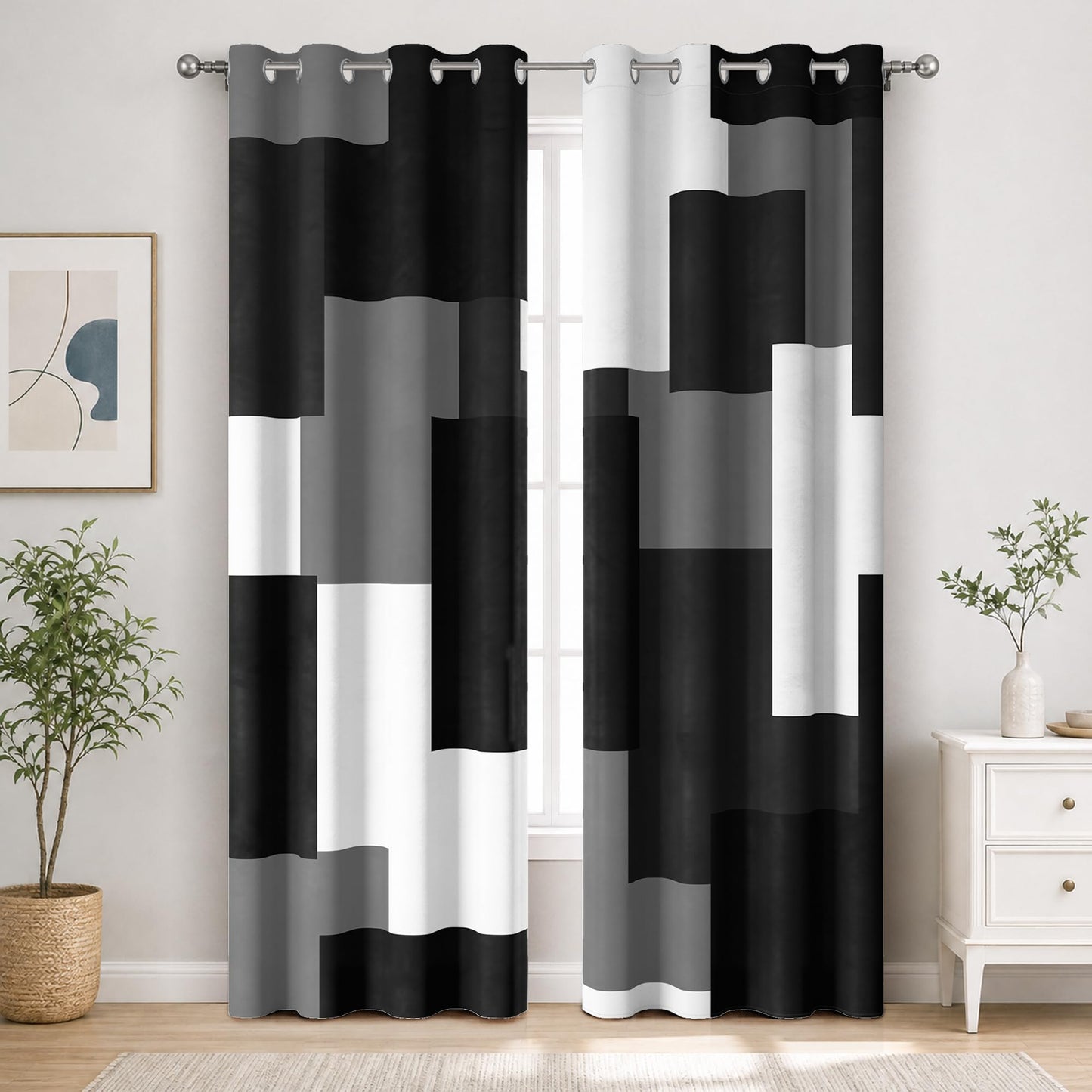 HOQAJME Black and White Curtains for Bedroom Blackout Curtains for Living Room Modern Abstract Geometric Room Darkening Window Drapes, (52 x 84 - Inch,Black Plaid)