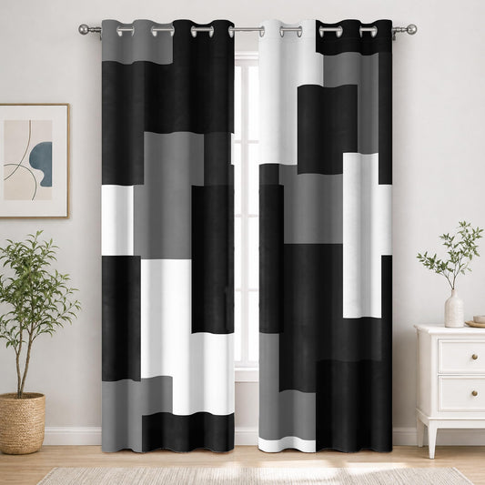 HOQAJME Black and White Curtains for Bedroom Blackout Curtains for Living Room Modern Abstract Geometric Room Darkening Window Drapes, (52 x 84 - Inch,Black Plaid)