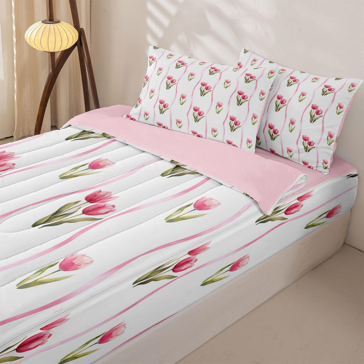 Feelyou Flroal Comforter Set Sizetulip Flowers Zipper Bedding Queen Spring Blossom Boys Girls Bed in A Bagbotanical Bed Sheet Sets with Fitted Sheet Pillowcases for Bedroom Decorpink White Green