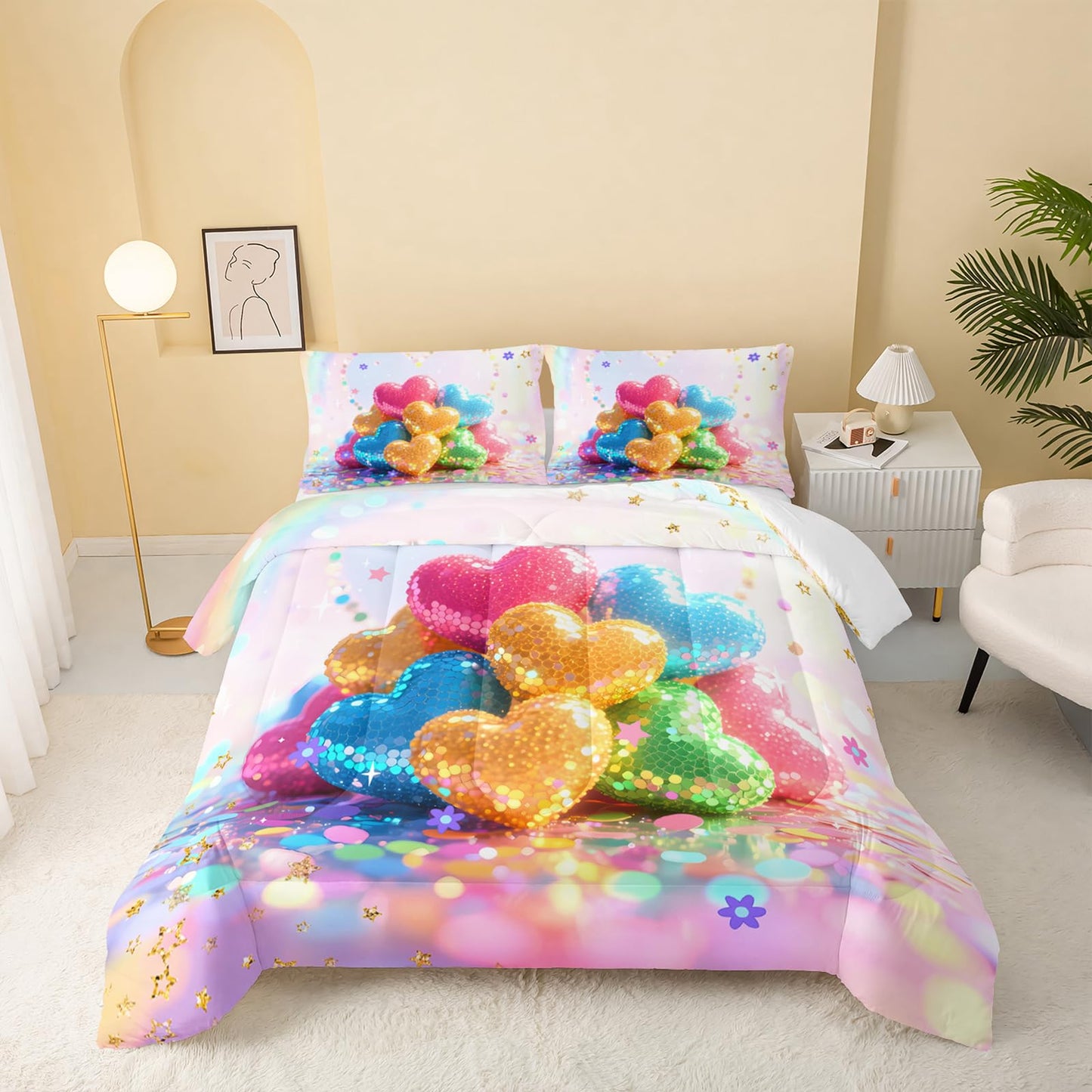 QOOMO Kawaii Heart Kids Comforter Set,Cute Rainbow Print Bedding Set Queen Size for Boys Girls Room Decoration,Pink Bed Set Microfiber Lightweight All Season,1 Comforter Set 2 Pillowcases