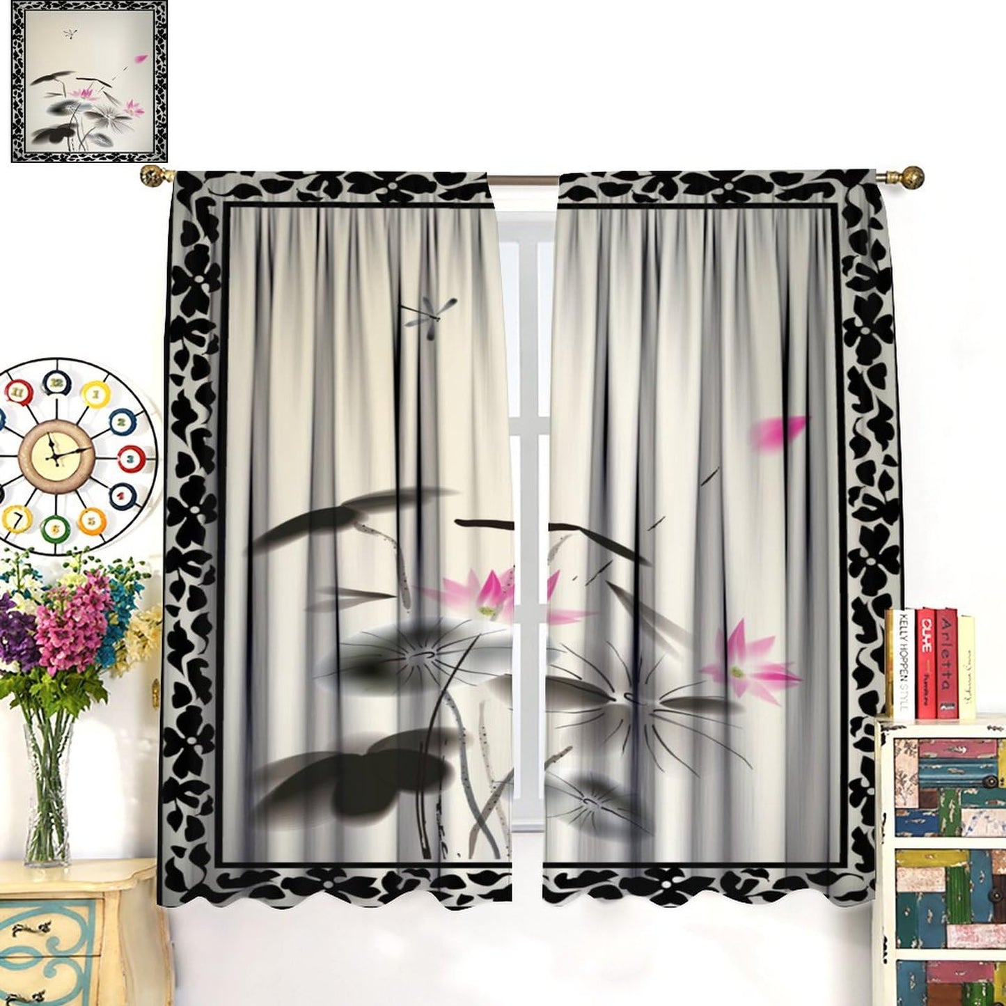 JESTRONRY Japanese Window Curtains, Oriental Asian Chinese Traditional Ink Painting Lotus Flowers Illustration Art Thermal Insulated Curtains for Bedroom Living Room Office W42xL45in