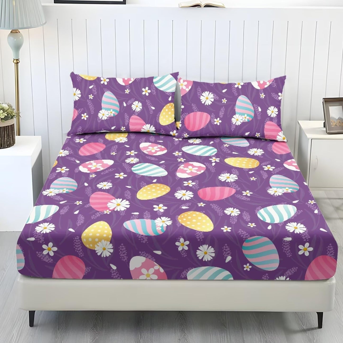 ZDCUSTOM Easter Egg Sheets Twin XL Size Wrinkle Free Bed Sheets Purple Bedding Sheets & Pillowcases 3 Piece Set Soft Deep Pocket Fitted Sheet & Pillow Case for Easter Decor, 39" x 79"