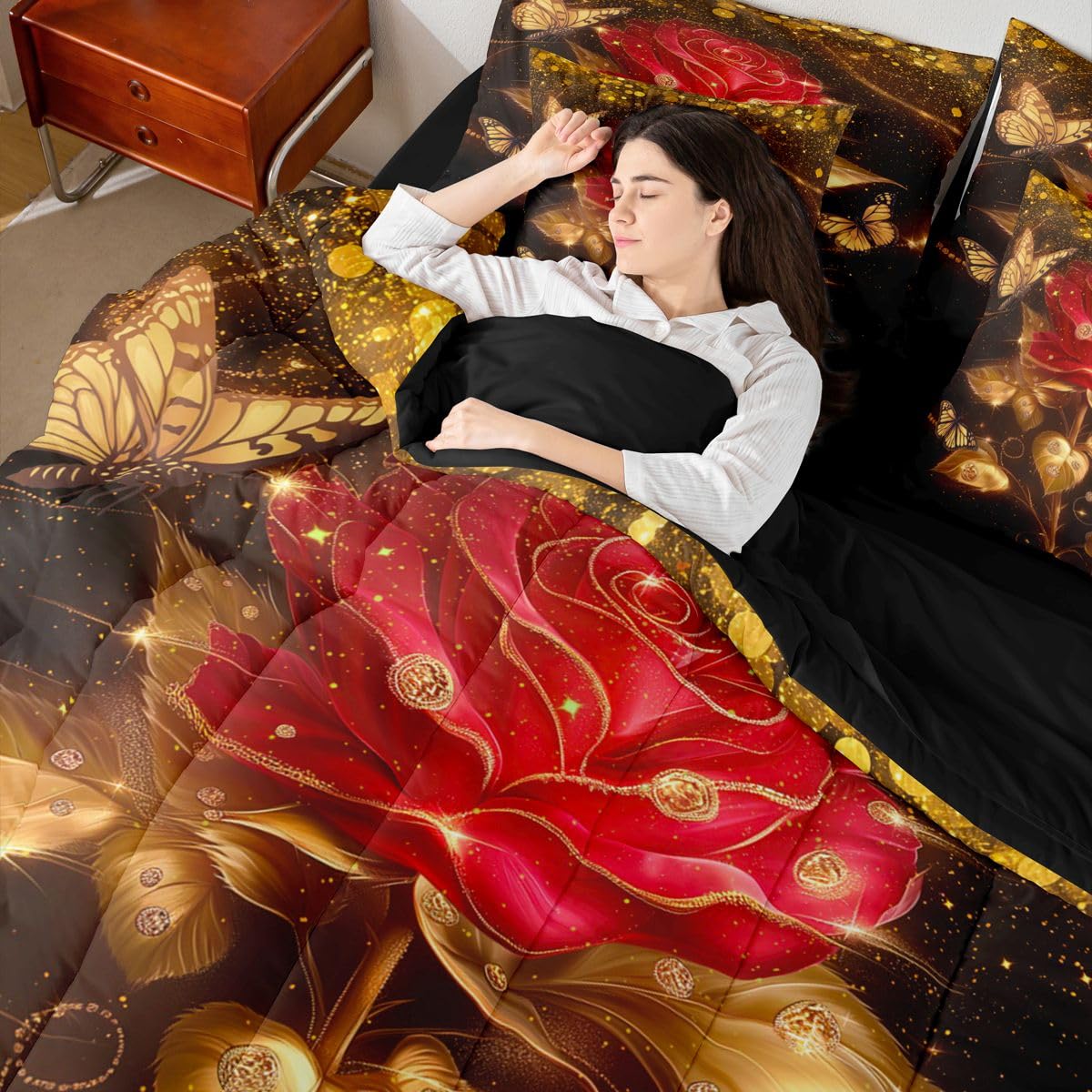 Erosebridal Red Gold Rose Queen Bedding Set 7 Piece Romantic Glitter Butterfly Roses Bed in A Bag with Sheets Valentine Day Gift Comforter Set for Women Men Adults,Golden Floral Flowers Bed Sets