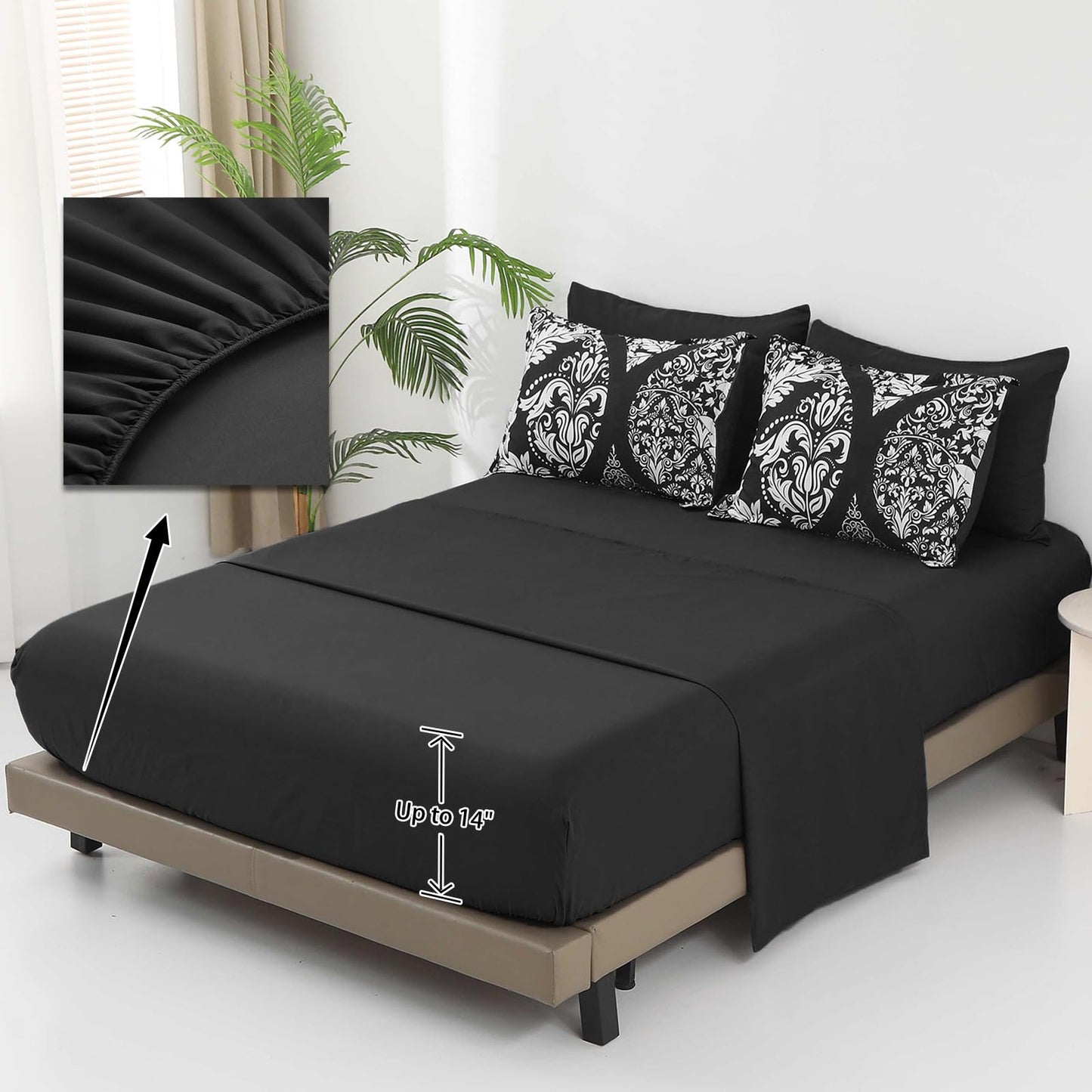 Anibedding Black Comforter Set King Size, 7 Pieces Bohemian Damask Comforter Set Soft Lightweight Microfiber Bedding Set for All Season (104"x90")