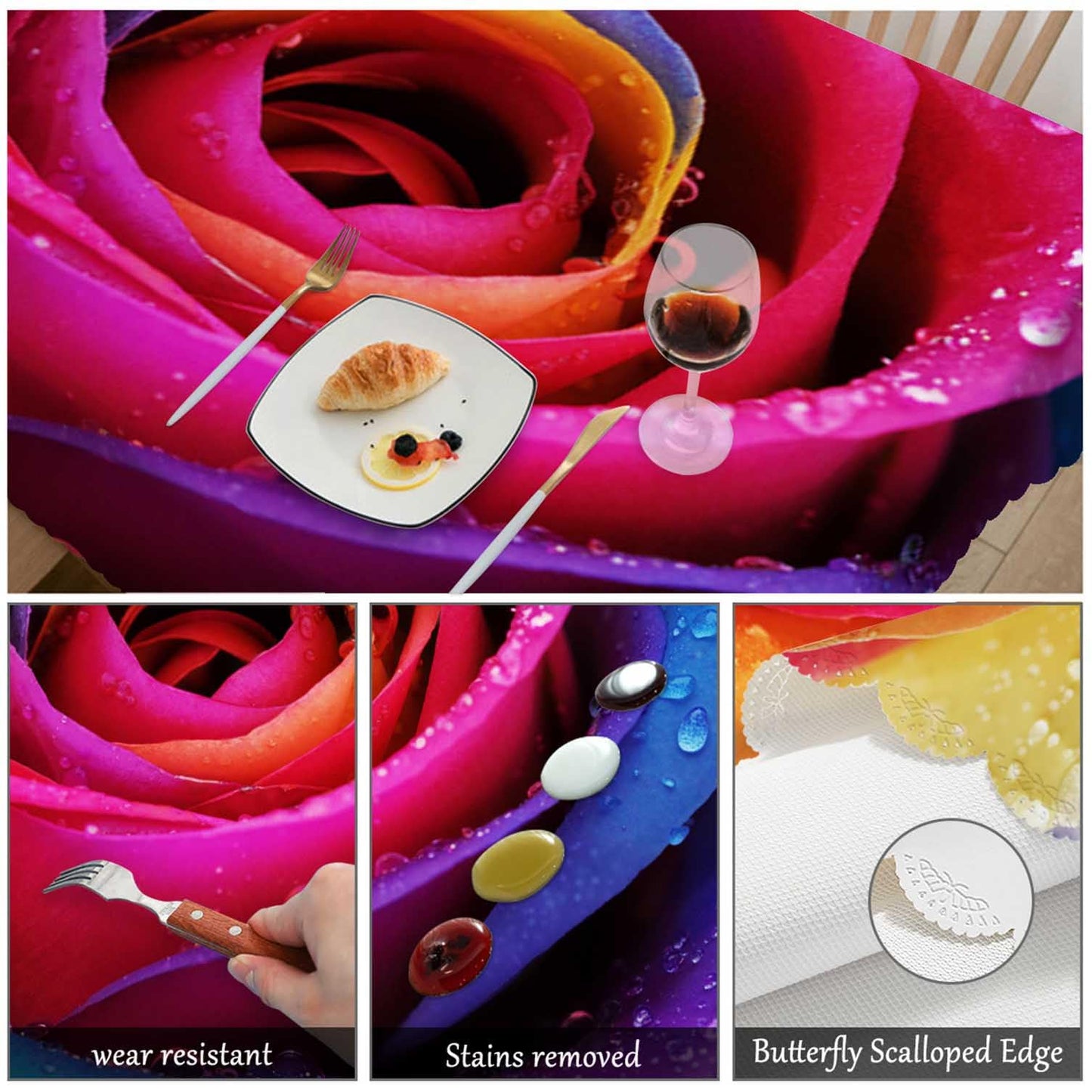 Swono Rose Table Cover Colorful Rose Flowers with Water Drops 50x72 Inch Table Cloth Kitchen Dinning Tablecloth for Rectangle Tables Buffet Parties Coffee BBQ Weddings
