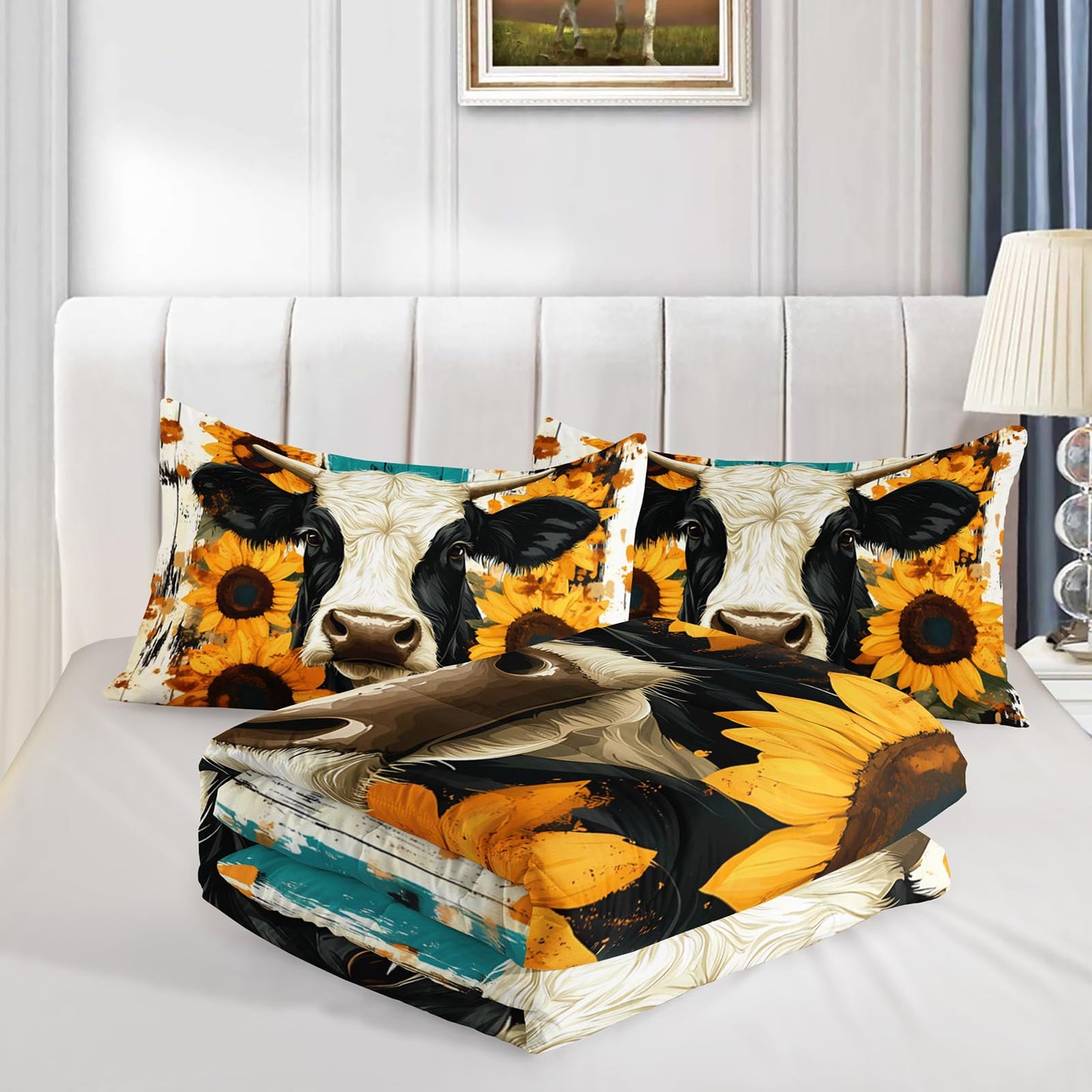 QOOMO Cow Kids Full Comforter Set 3Pcs Farm Animal Bedding Set for Girls Boys Sunflowers Printed Comforter with 2 Pillowcases Lightweight Microfiber for All Seasons