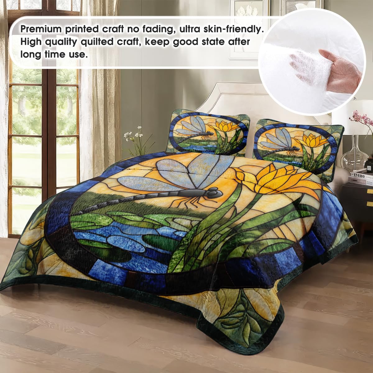 Jeminise Dragonfly Patchwork Quilt Set, Animal Patchwork Bedset - Dragonfly Quilt Bedding Set, Premium Pattern Quilt Bedspread, Bedding Blanket Gift for Daughter Women