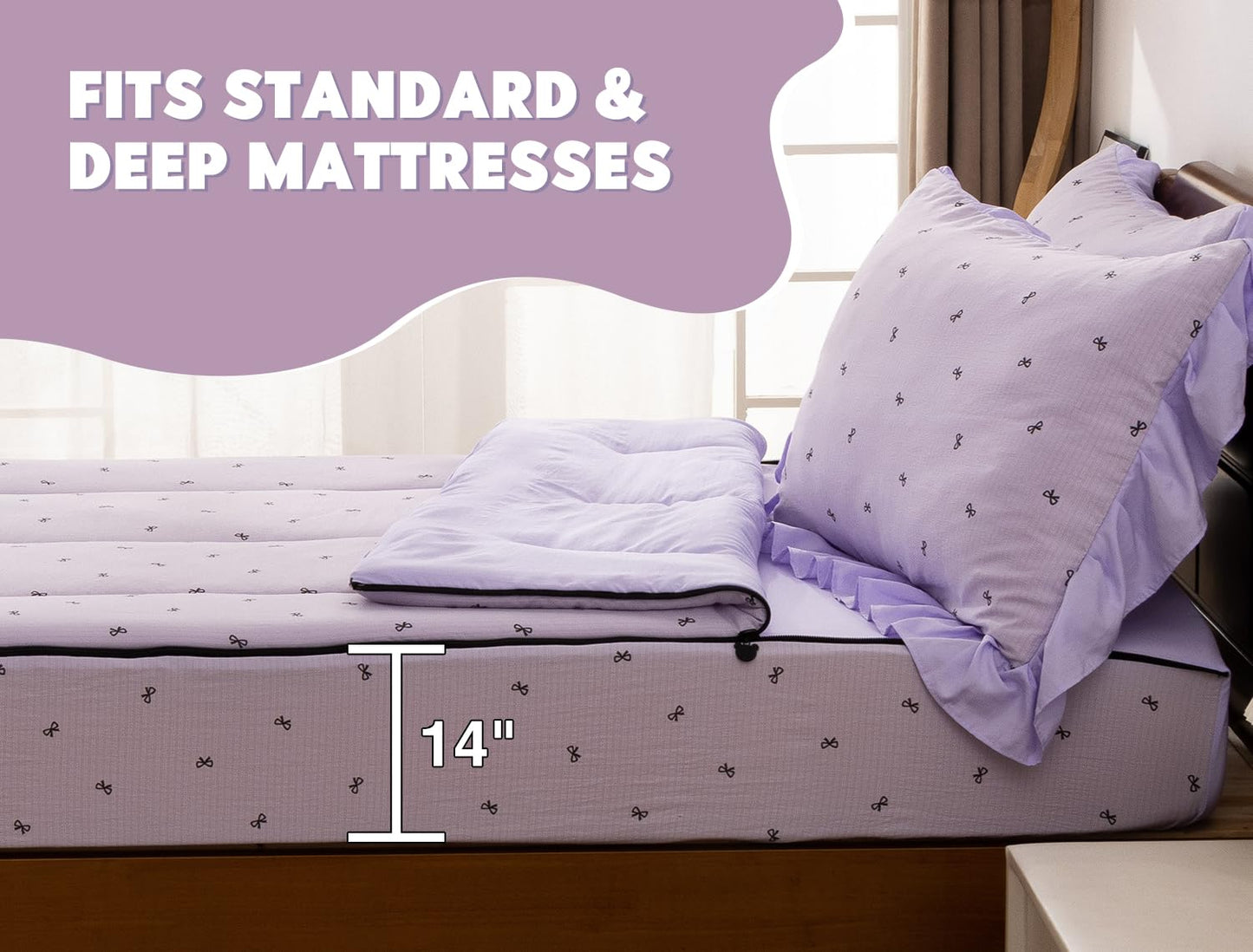 Meeting Story 3pcs Kids Comforter Set Zip up Bedding Set for Girls,Twin Kid Bedding Set Bow Comforter Set for Kid,All in one Zipper Bedding（Lightpurple,Twin）