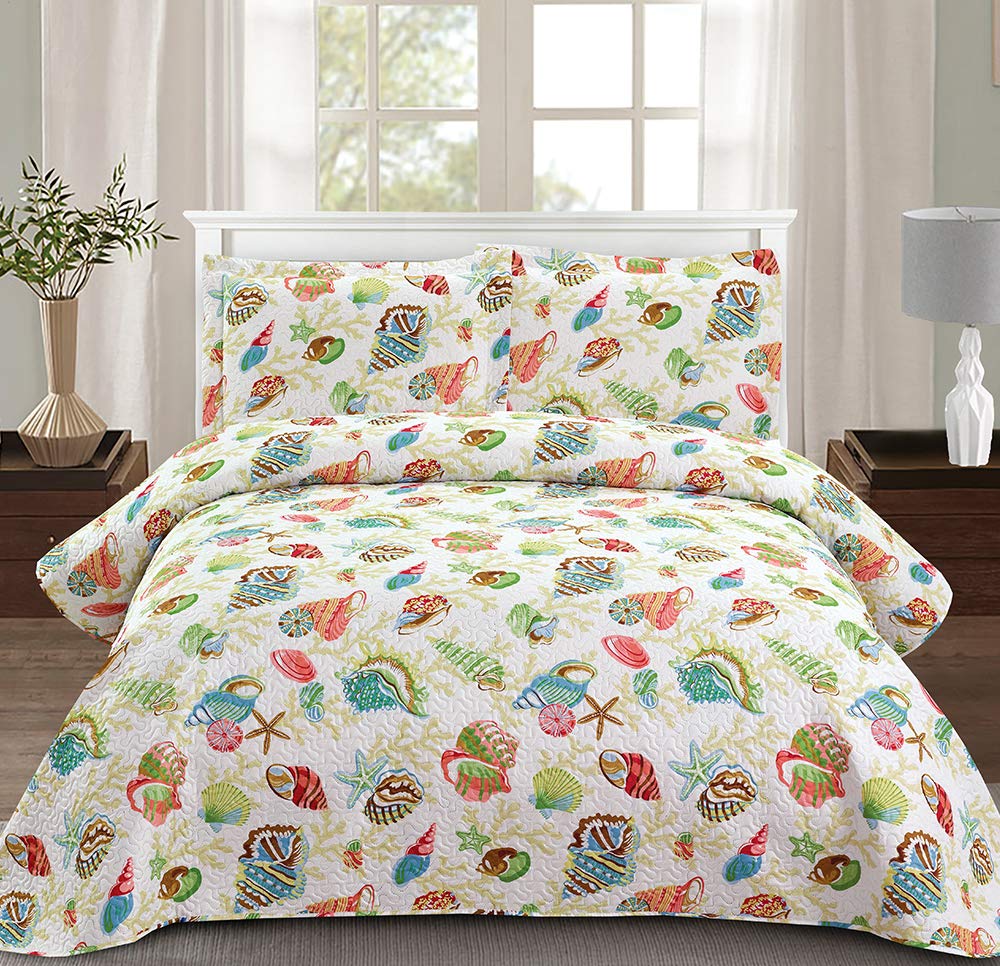 Quilt Set King Size Beach Bedding King Bedspread Coverlet Coastal Ocean Quilt Summer Lightweight Bedspread Beach Quilt Bed Spread Starfish Conch Decor Soft Home Reversible Bedding