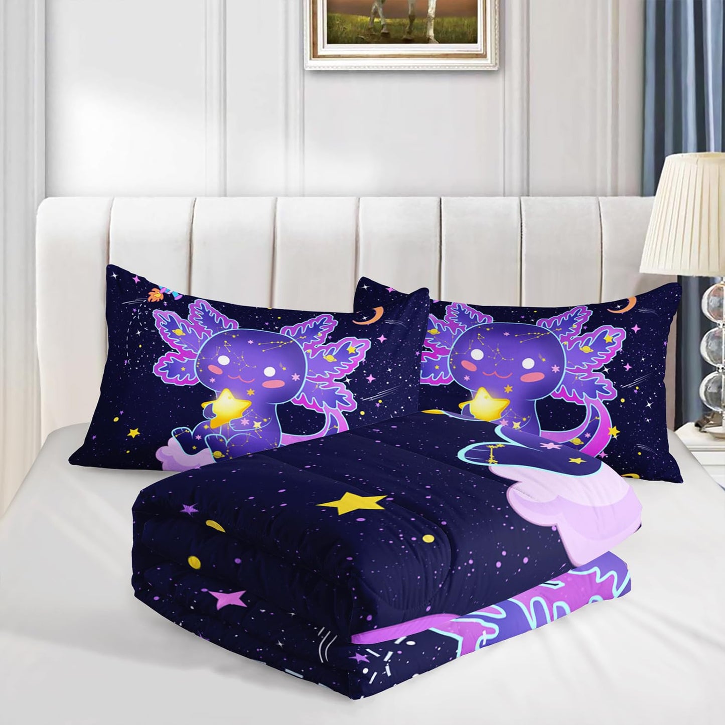 Galaxy Axolotl Comforter Set Queen Size,Kawaii Animals Cartoon Space 3 Bedding Set for Girls Boys Kids,Rocket Starry Sky Lightweight Down Alternative with 2 Pillowcases for Bedroom Decorative