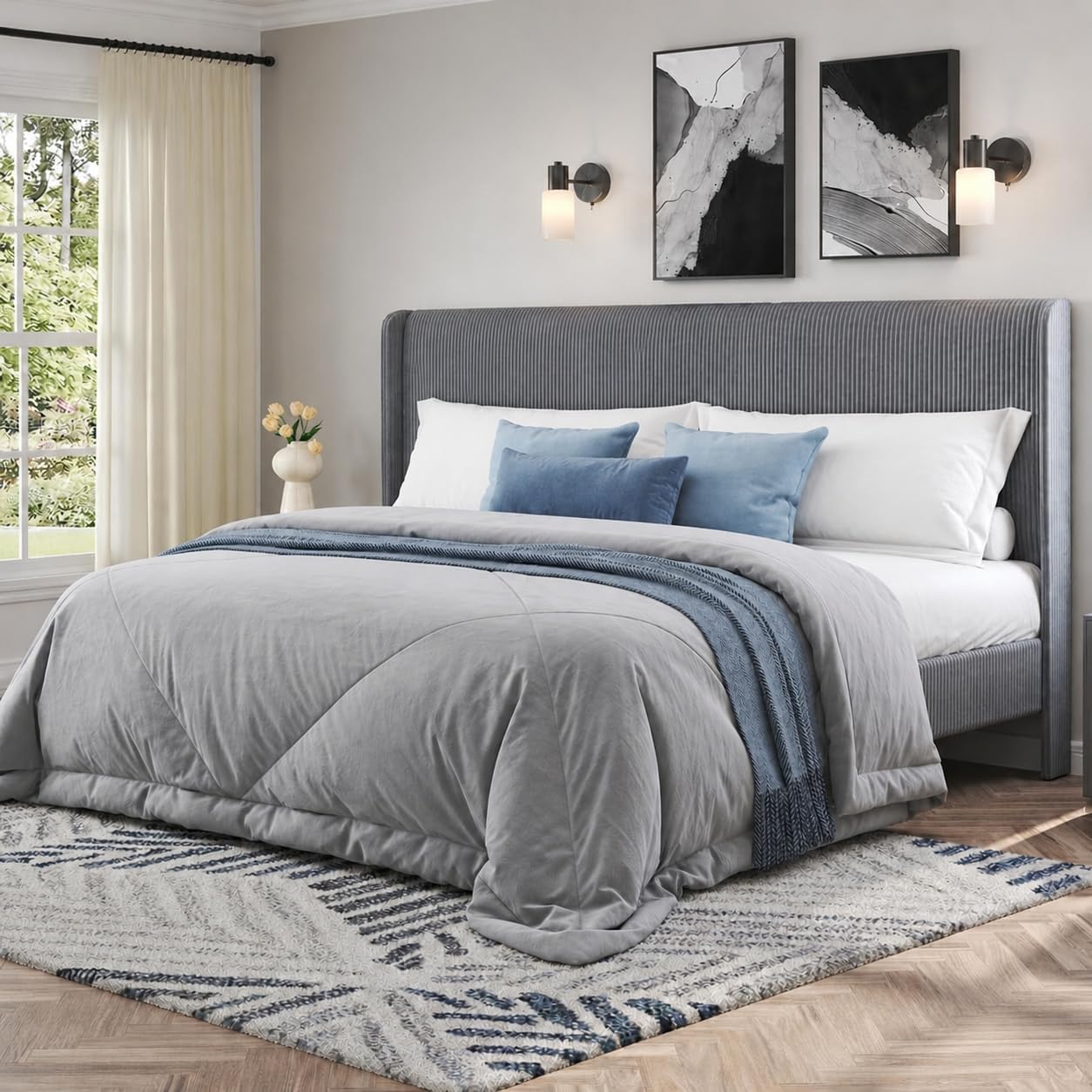 AMERLIFE King Bed Frame, Upholstered Platform Bed with Corduroy Headboard, Easy Assembly Modern Grey Bed Frame with Wooden Slats Support, No Box Spring Needed