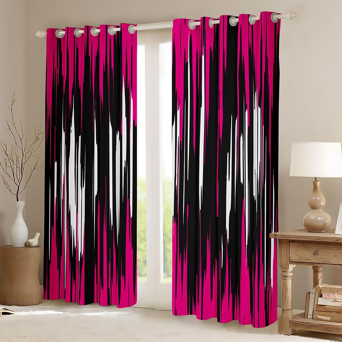 Ombre Hot Pink Black Curtains for Bedroom Living Room Girls Kids (2 Panels, 42 x 63 Inch) Stripes Blackout Curtainsative Geometric Darkening Dreapes Modern Striped Art Window Treatments Abstract